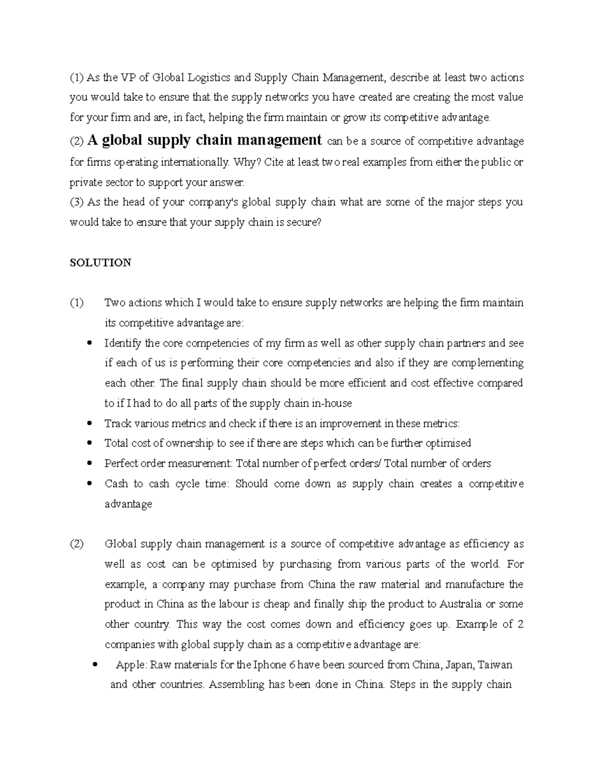 Global supply chain example - (1) As the VP of Global Logistics and ...