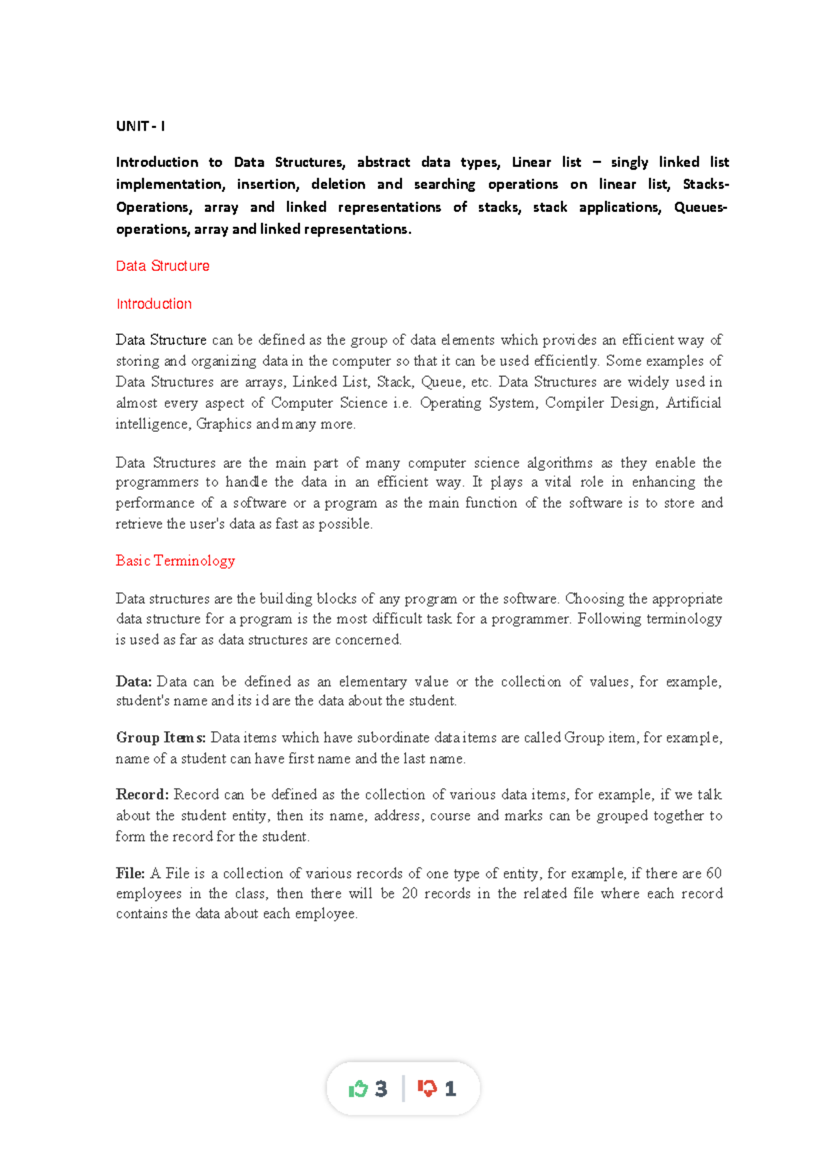 Unitidatastructurenotesr18jntuh compress UNIT I Introduction to Data Structures