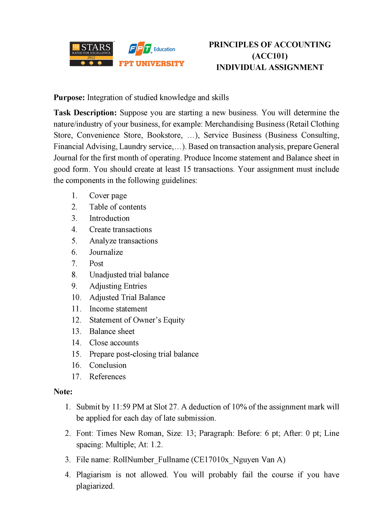 ACC 101 Individual Assignment - PRINCIPLES OF ACCOUNTING (ACC101 ...