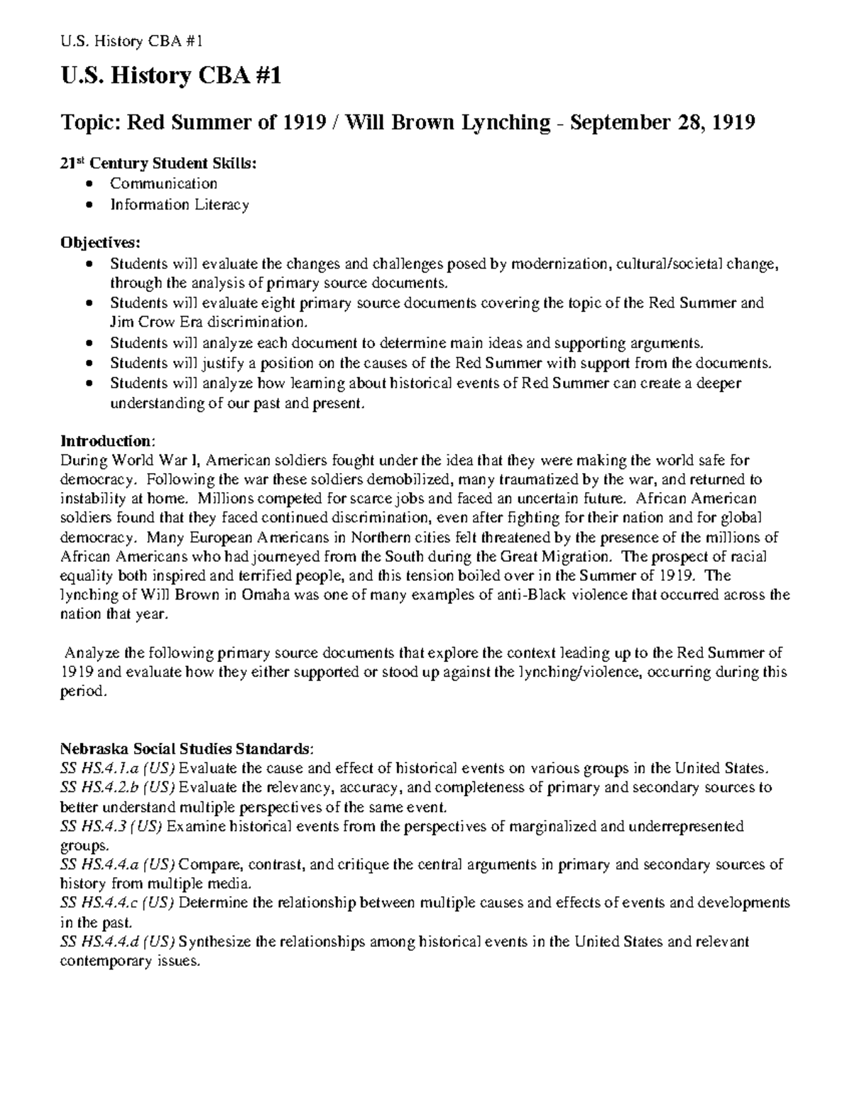 US+History+CBA+1+-+Primary+Sources - U. History CBA Topic: Red Summer ...