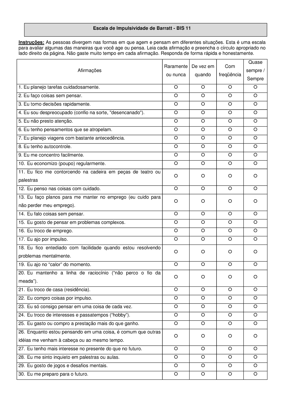 BIS-11 Escala De Impulsividade - Escala De Impulsividade De Barratt ...