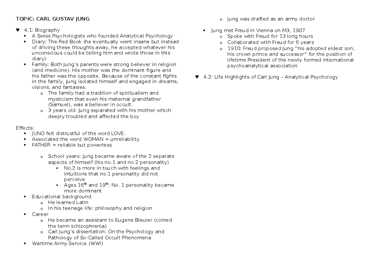 PSYB Notes - TOPIC: CARL GUSTAV JUNG 4: Biography A Swiss Psychologists ...