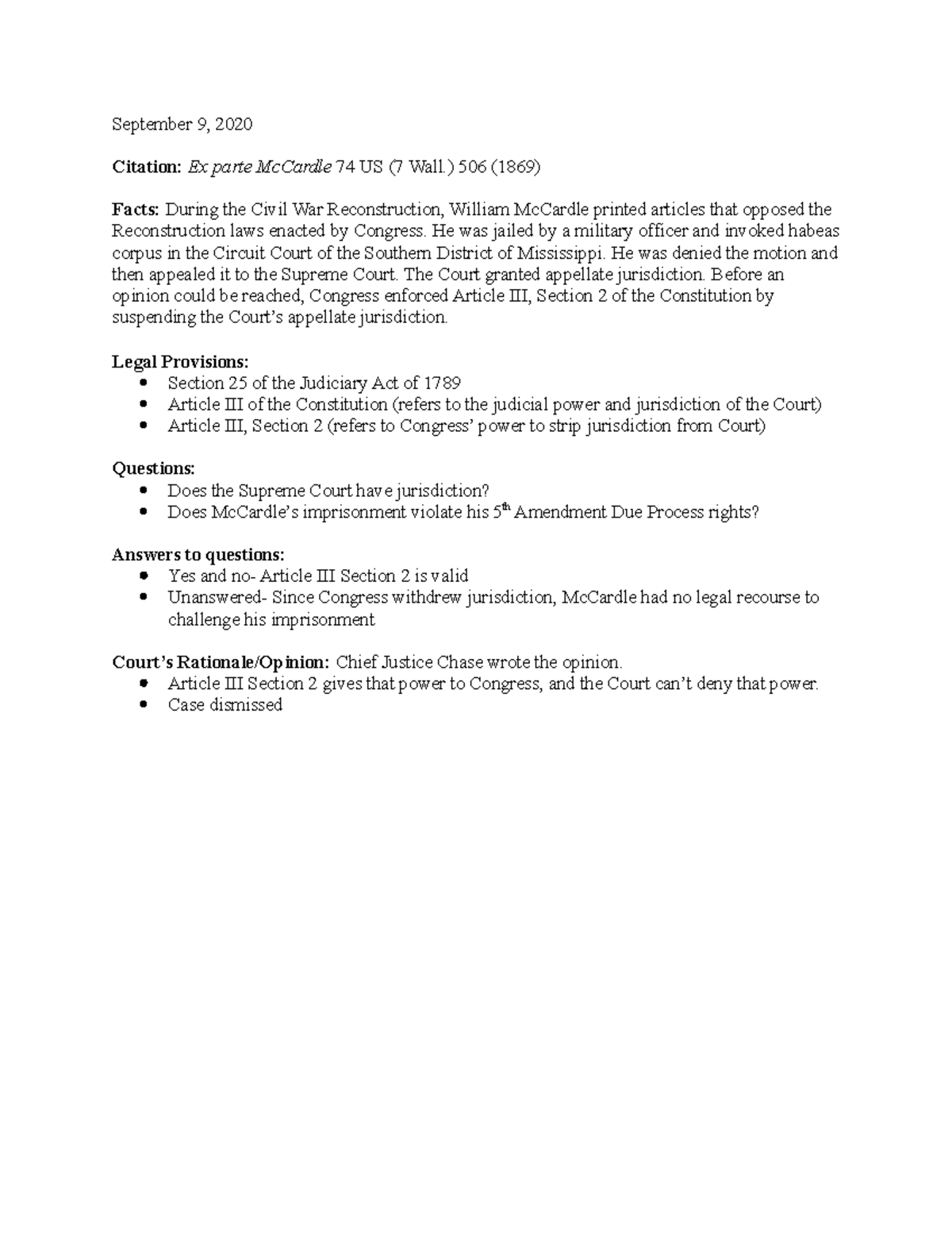 Ex parte mccardle brief september 9 2020 citation ex parte mccardle