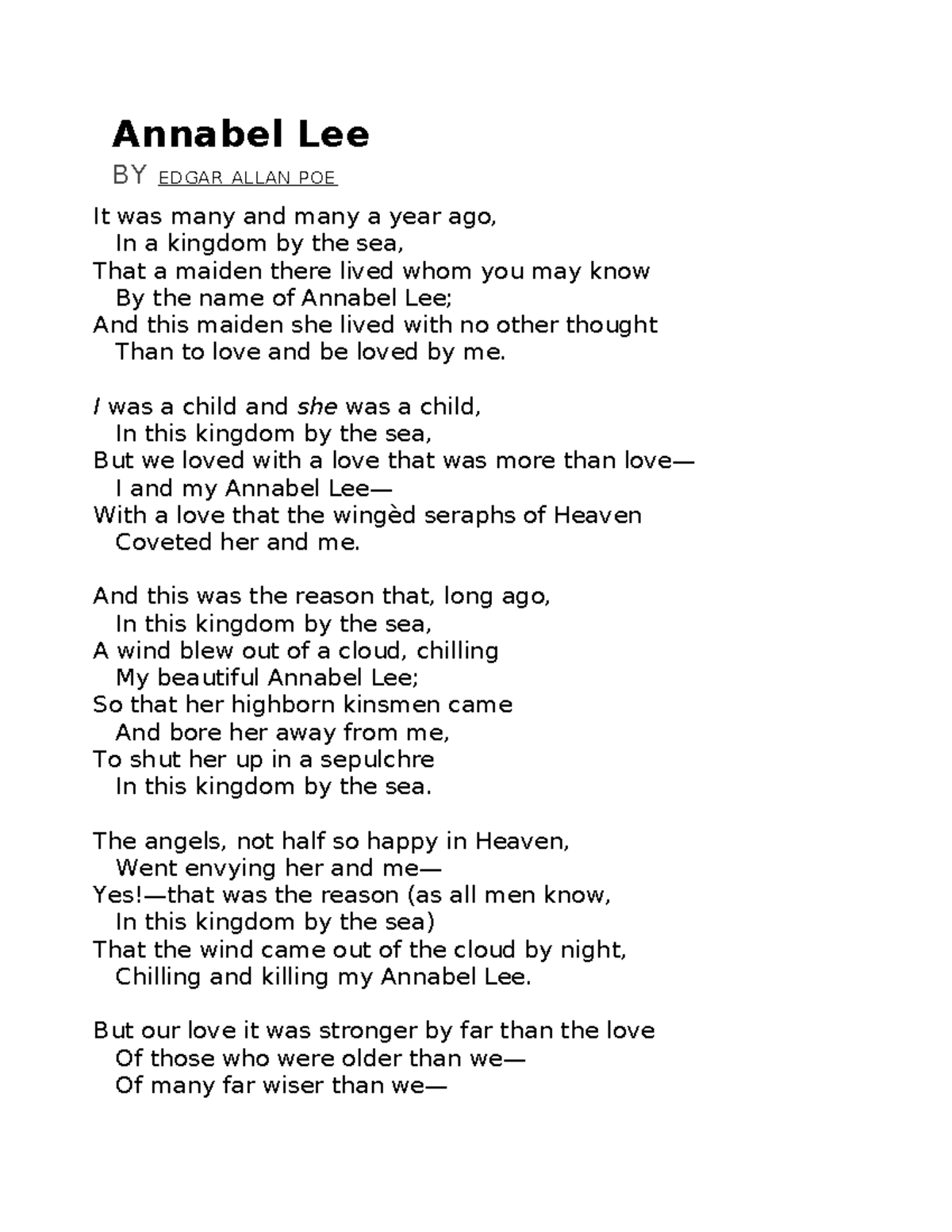 Asdfasdasd 0a6s0d6as0dads - Annabel Lee BY ED GA R A LLAN P OE It was ...