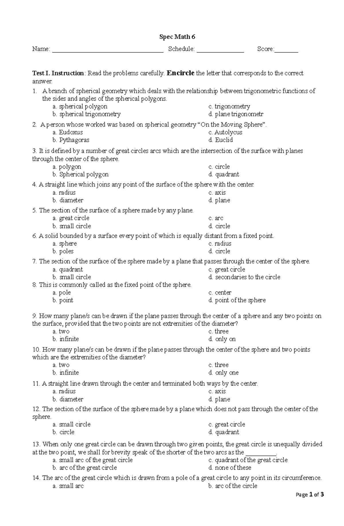 Spec 6 midterm - A multiple choice exam about Trigonometry. - Spec Math ...