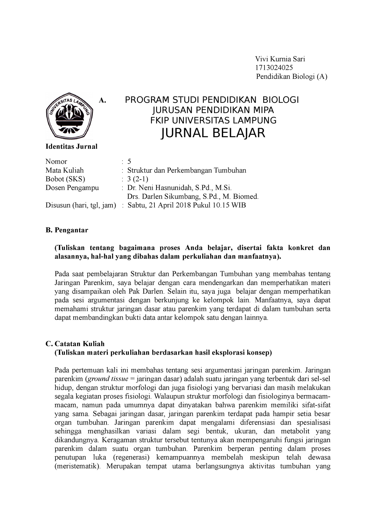 Jurnal Belajar 05 Parenkim - Vivi Kurnia Sari 1713024025 Pendidikan ...