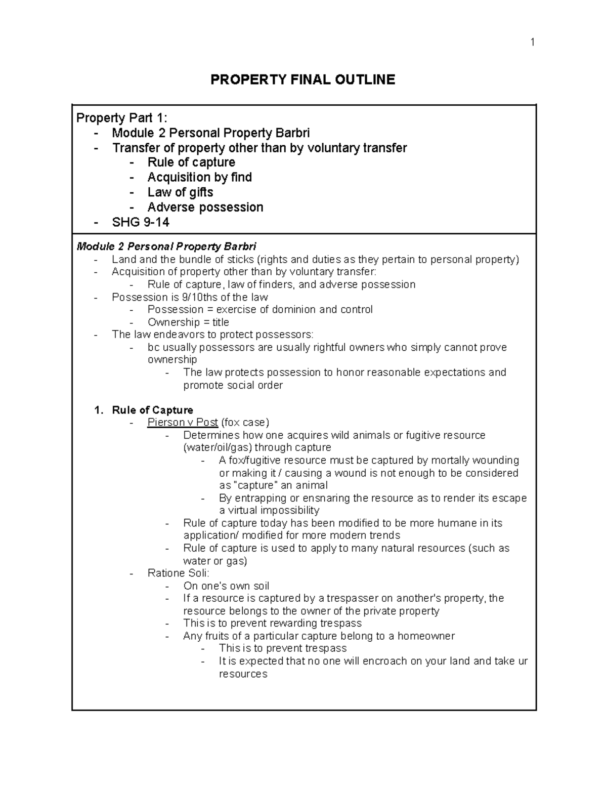Property Final Outline PROPERTY FINAL OUTLINE Property Part 1 Module 2 Personal Property