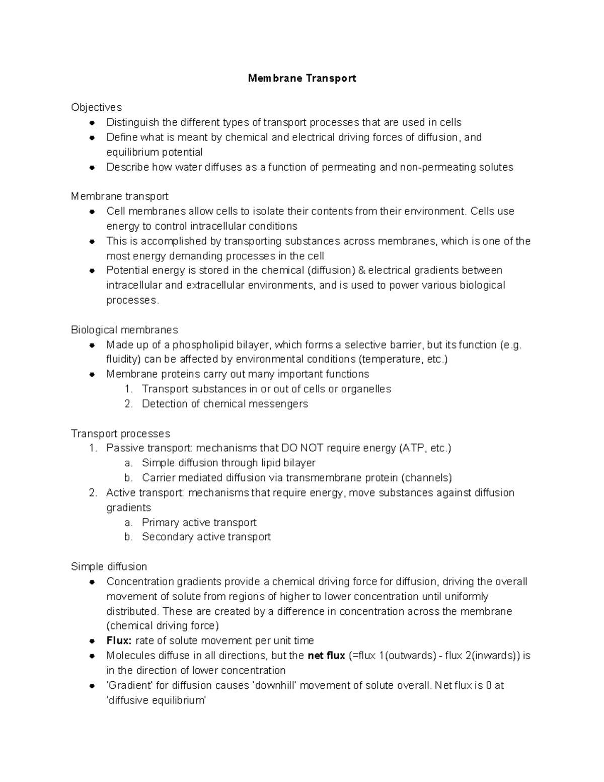 Membrane Transport - Lecture notes 2 - Membrane Transport Objectives ...