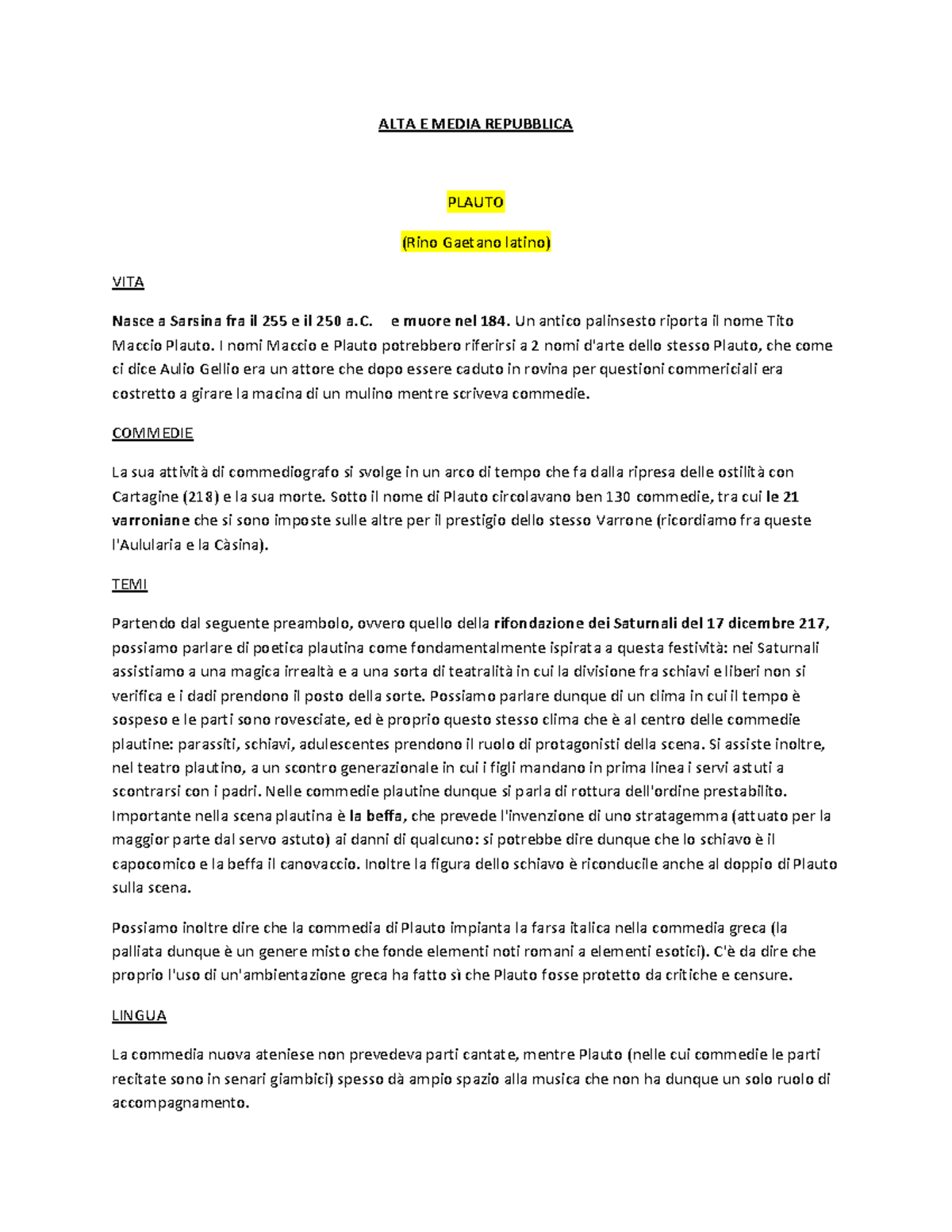 storia della letteratura latina ALTA E MEDIA REPUBBLICA PLAUTO (Rino