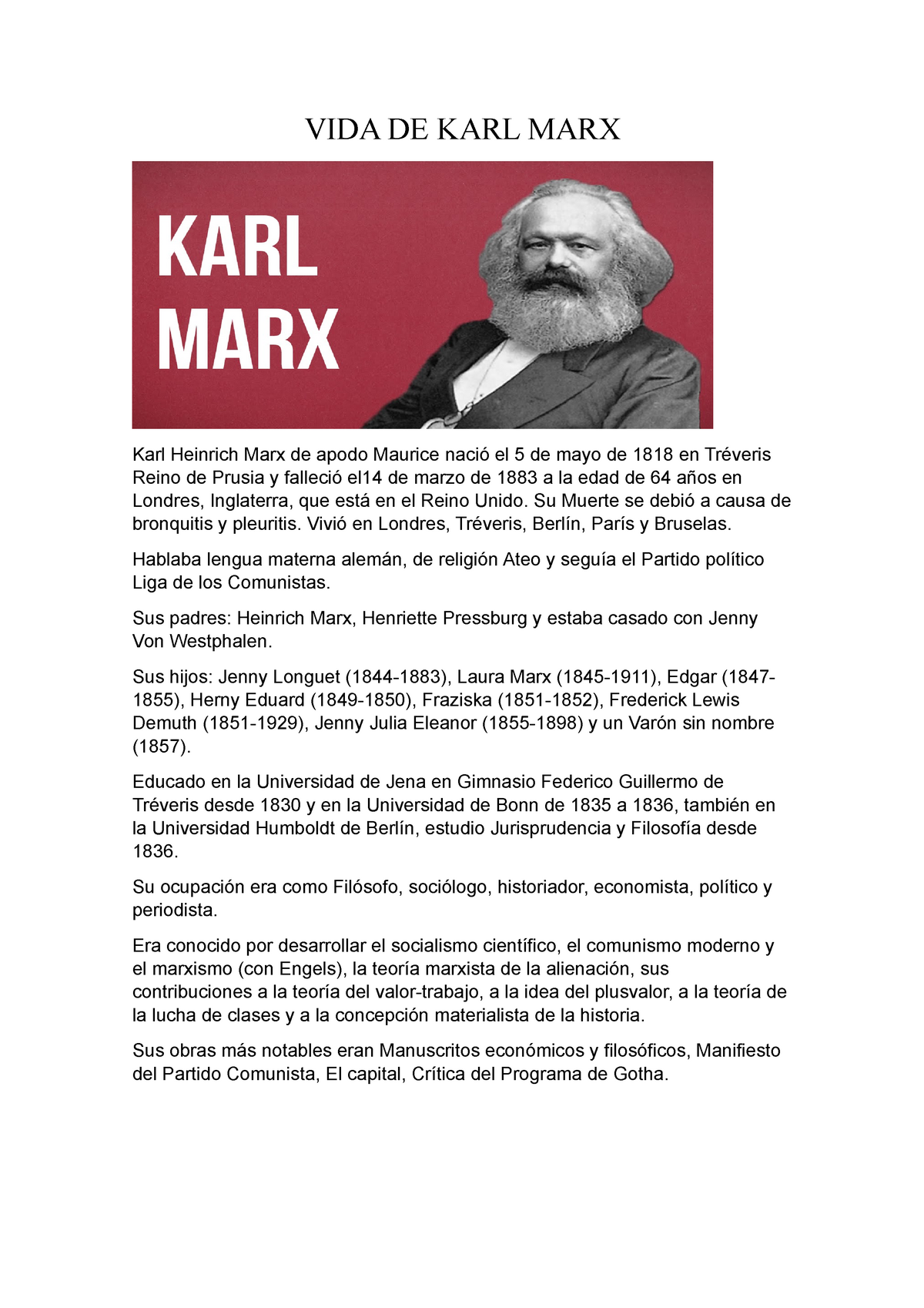 VIDA DE KARL MARX - información detallada - VIDA DE KARL MARX Karl Heinrich  Marx de apodo Maurice - Studocu