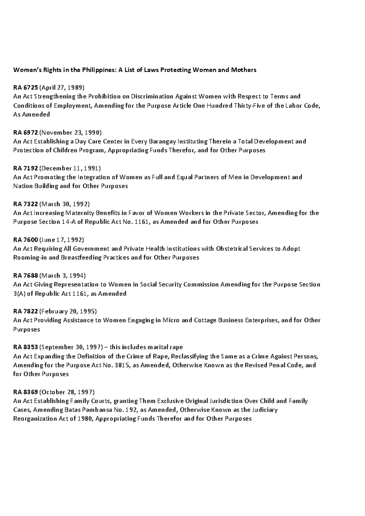 262136694 A List of Laws Protecting Women and Mothers - Women’s Rights ...
