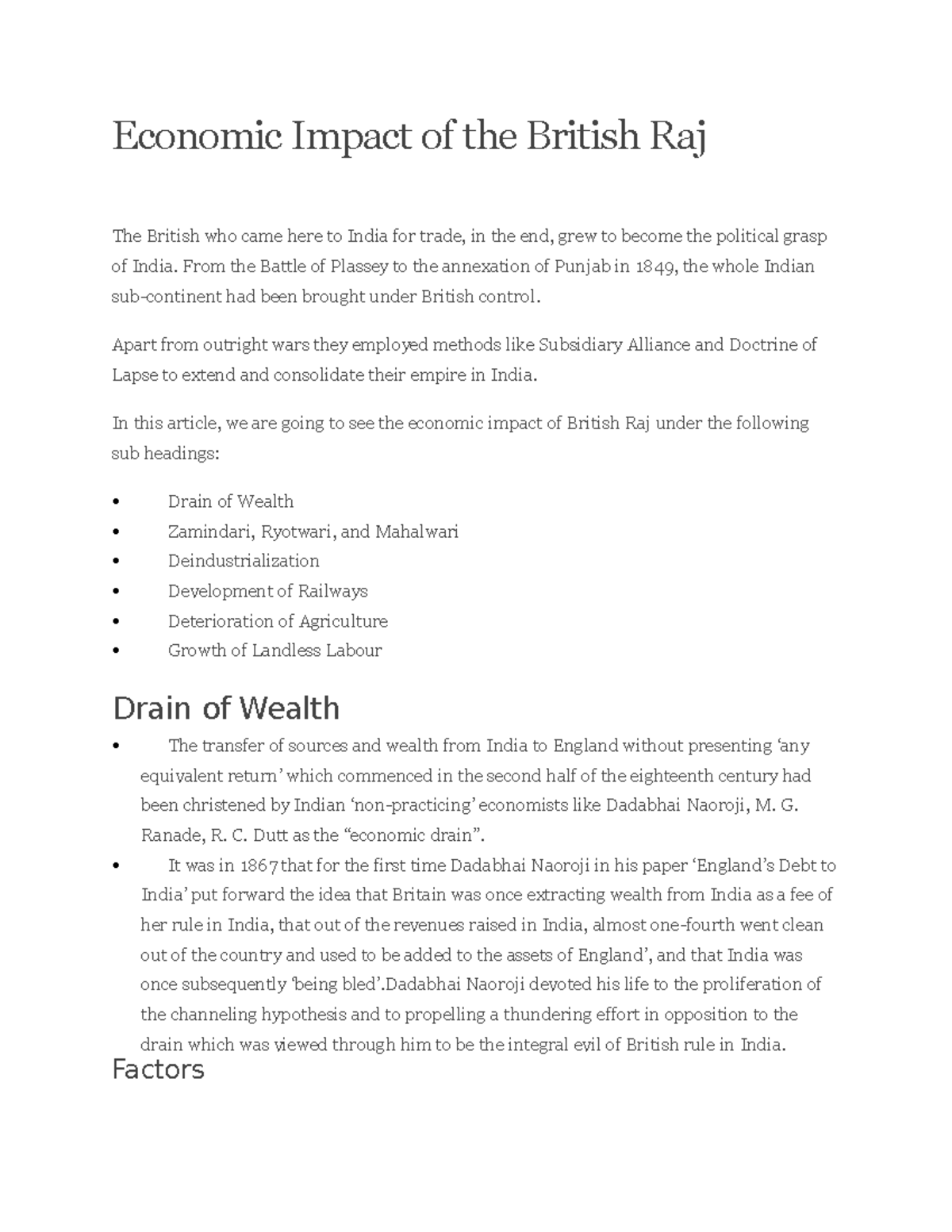 Economic Impact of the British Raj - From the Battle of Plassey to the ...