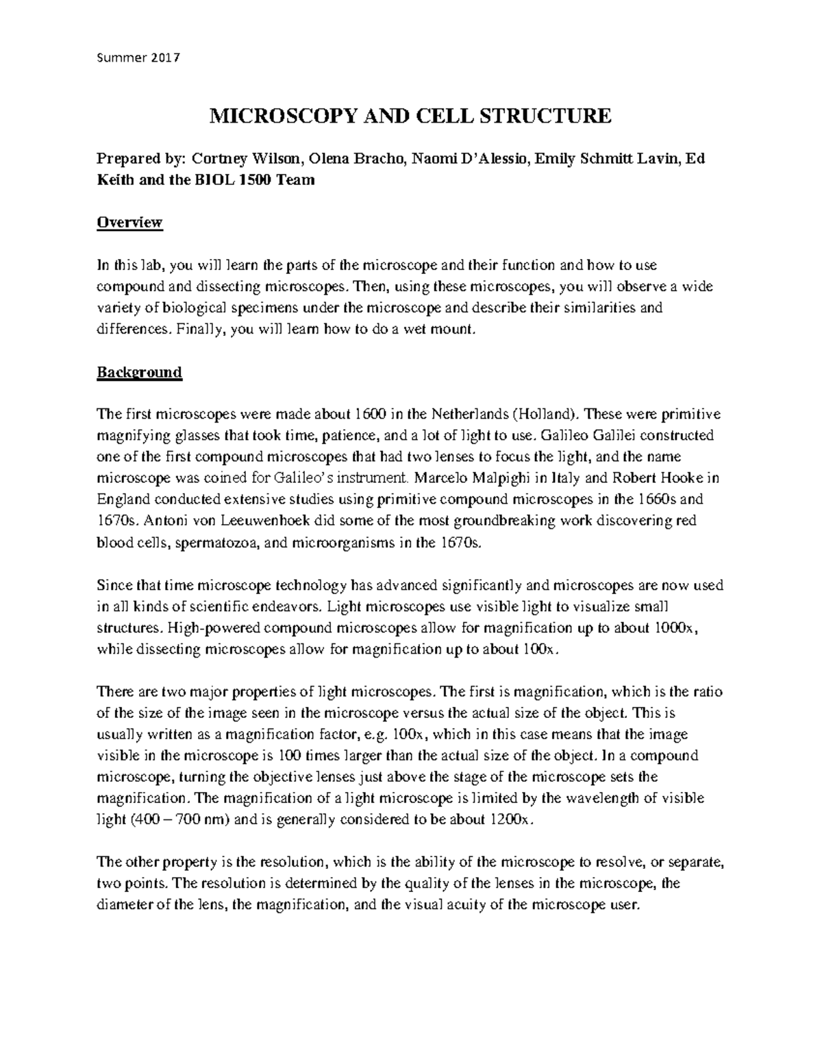 Microscopy Student Handout - Summer 2017 MICROSCOPY AND CELL STRUCTURE ...