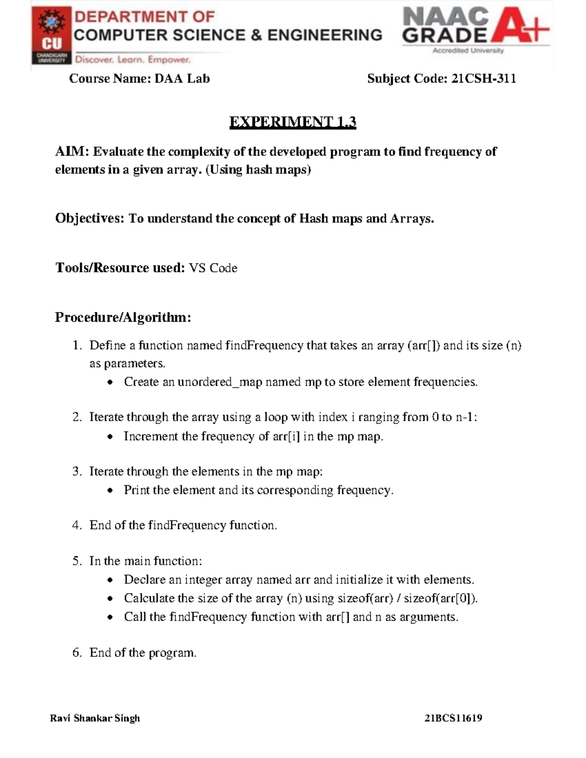 DAA Worksheet 3 - Course Name: DAA Lab Subject Code: 21CSH- Ravi ...