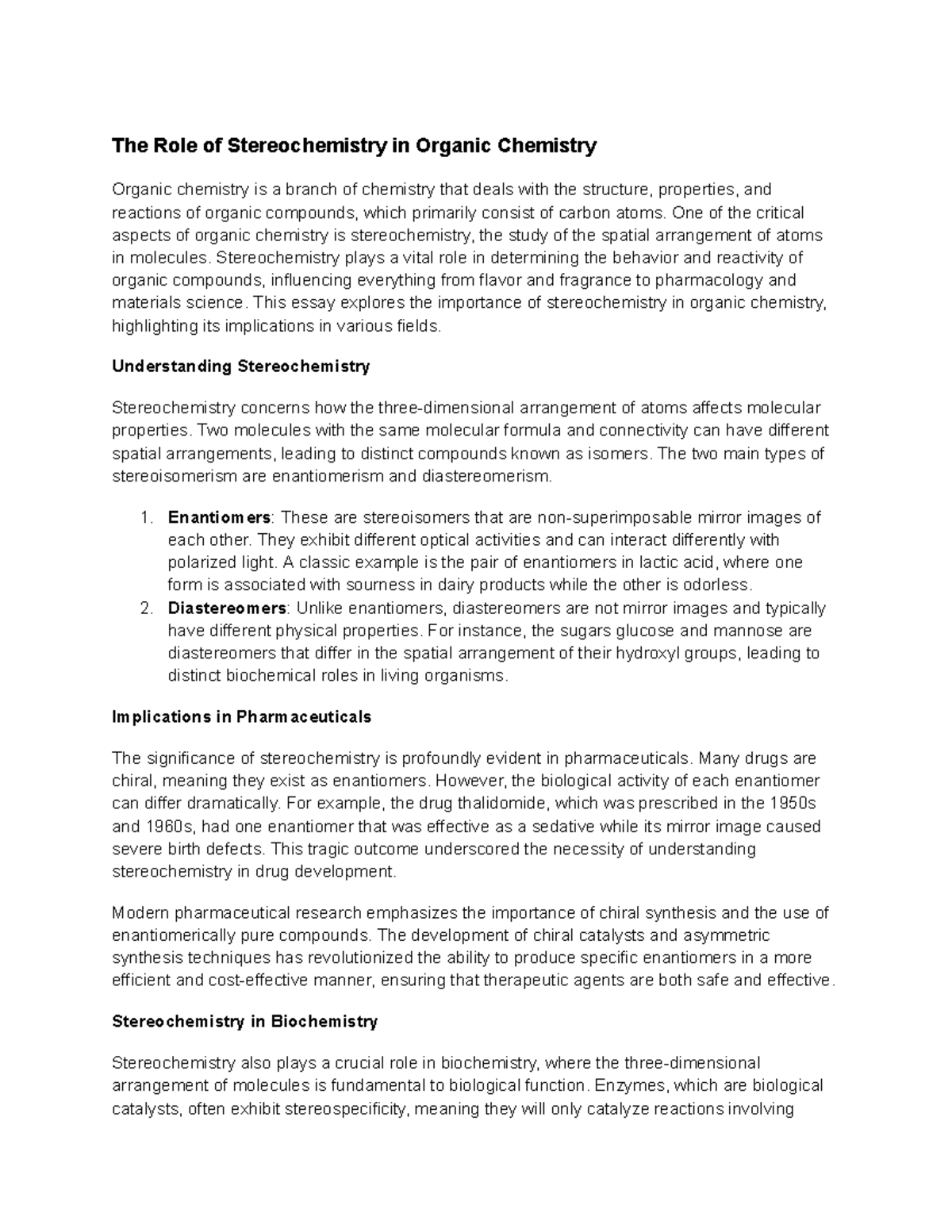 The Role of Stereochemistry in Organic Chemistry - One of the critical ...