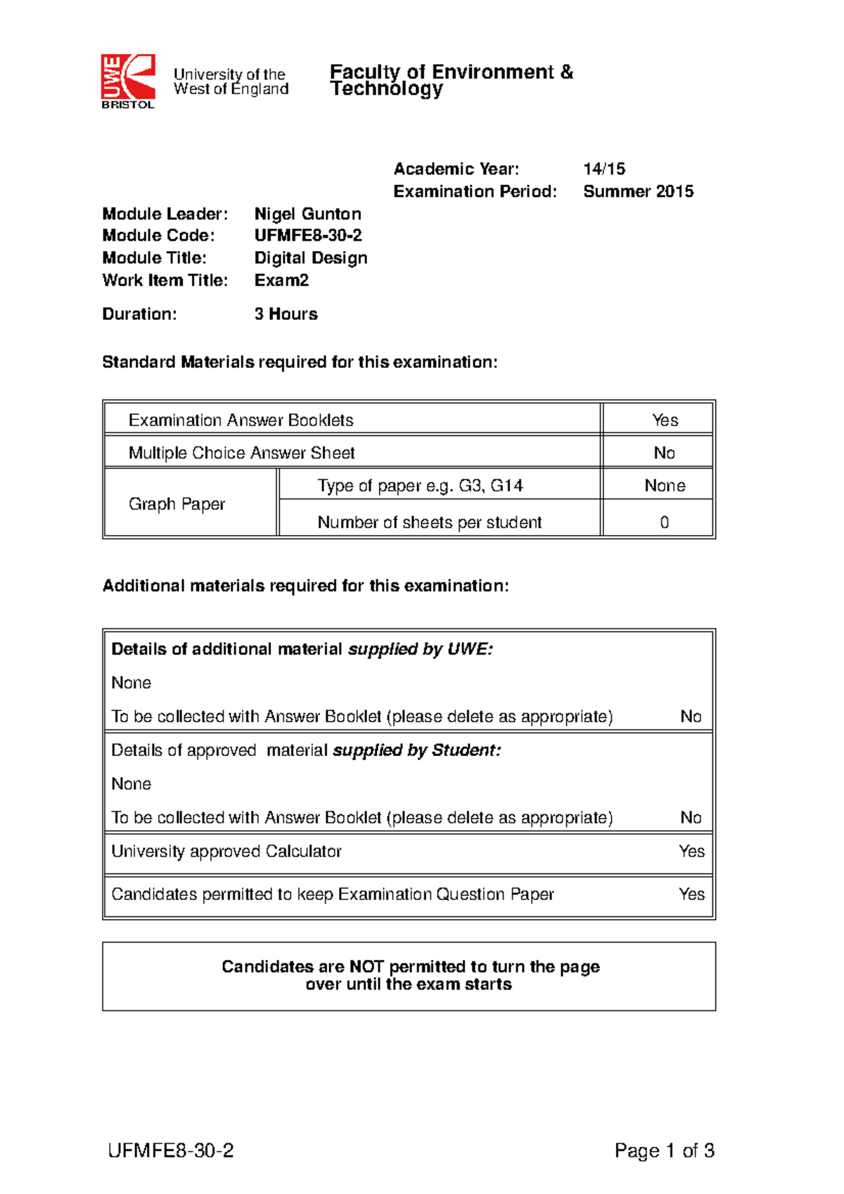 Exam May 2015, questions BRISTOL UWE West of England University of
