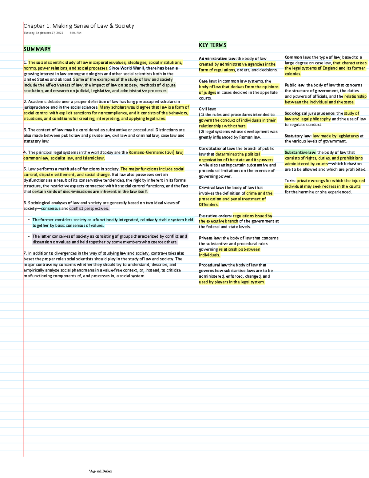 Law and Society 201 Textbook Notes (Vago and Barkan) SUMMARY 1. The