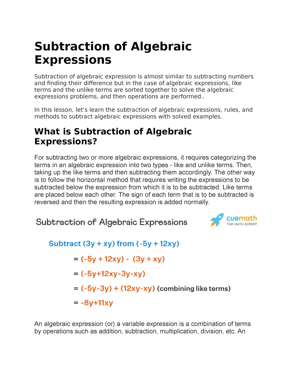 Subtraction Of Algebraic Expressions - Subtraction Of Algebraic ...