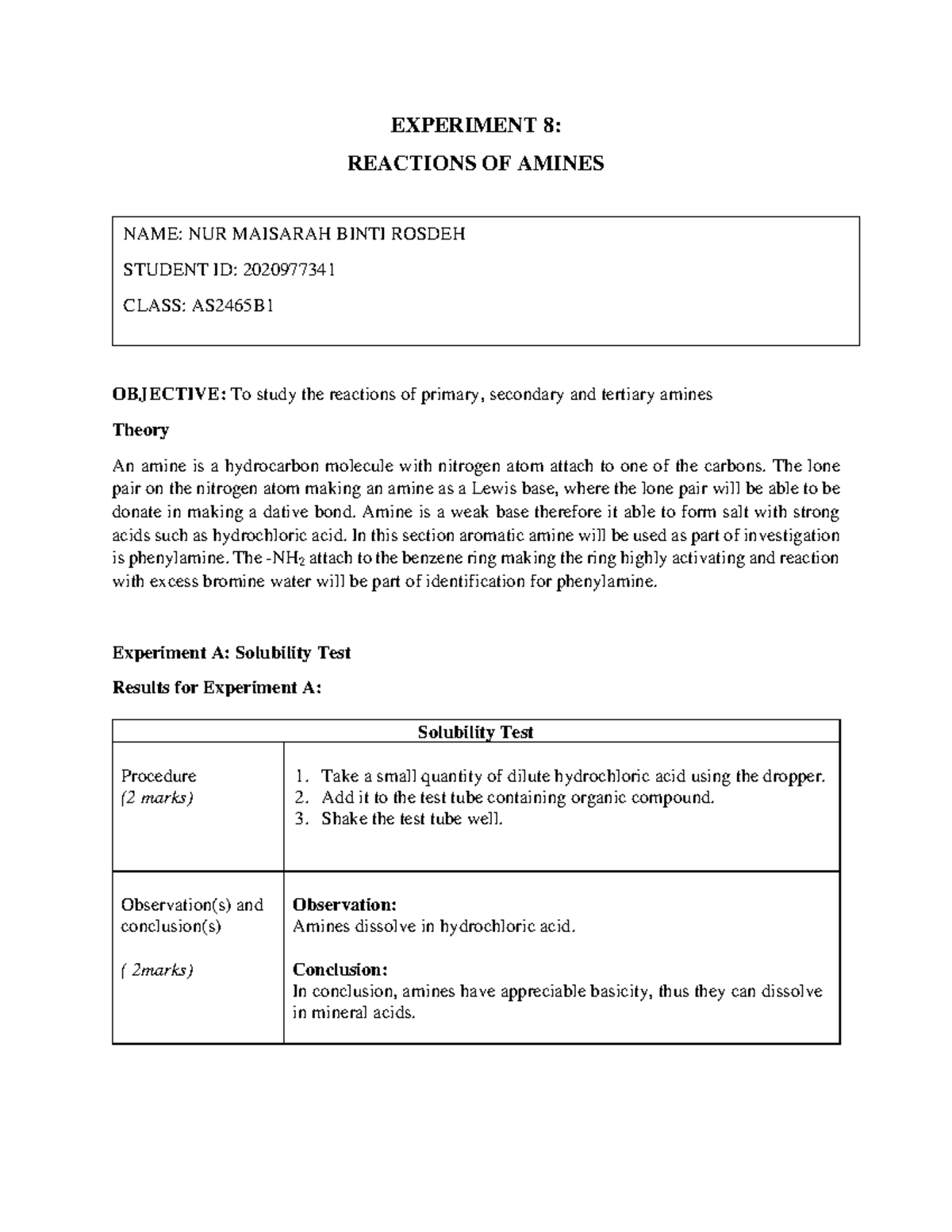INTRODUCTION OF ORGANIC CHEMISTRY - EXP 8 REACTIONS OF AMINES ...