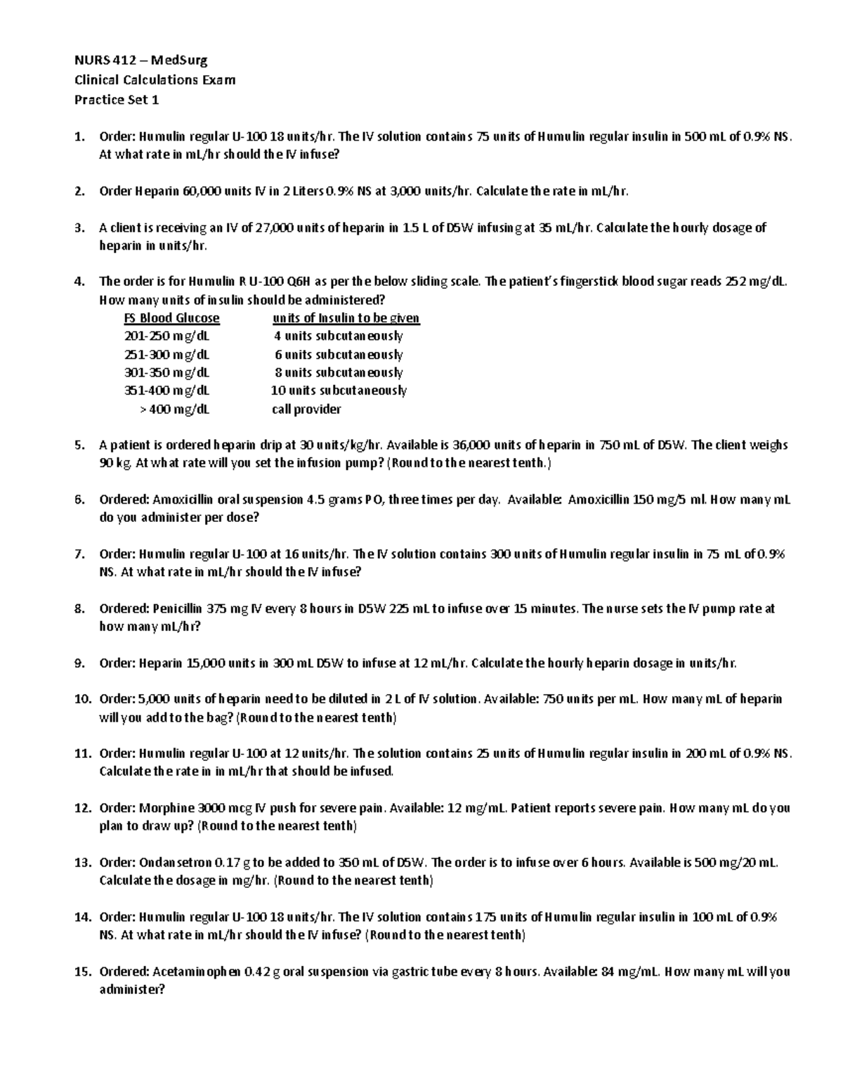 Clinical Calculations Practice Set 1 - NURS 412 – MedSurg Clinical ...