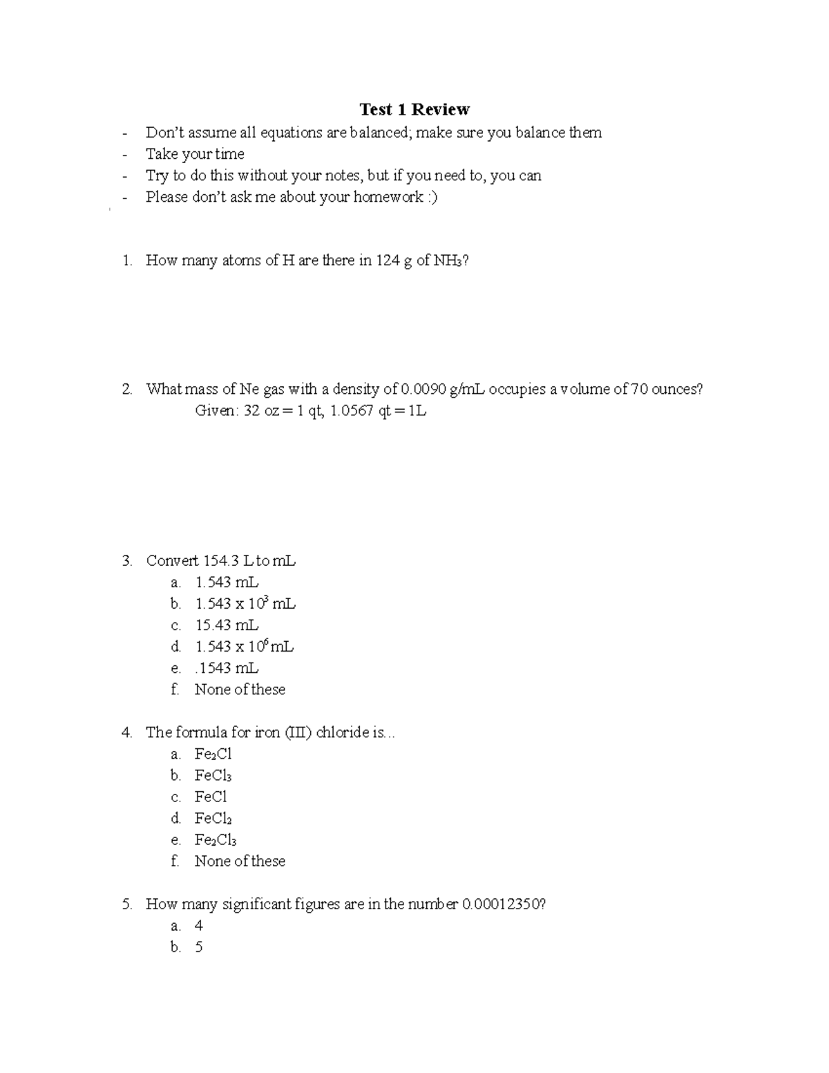 Chem 105 Test 1 Test Review - Test 1 Review Don’t assume all equations ...