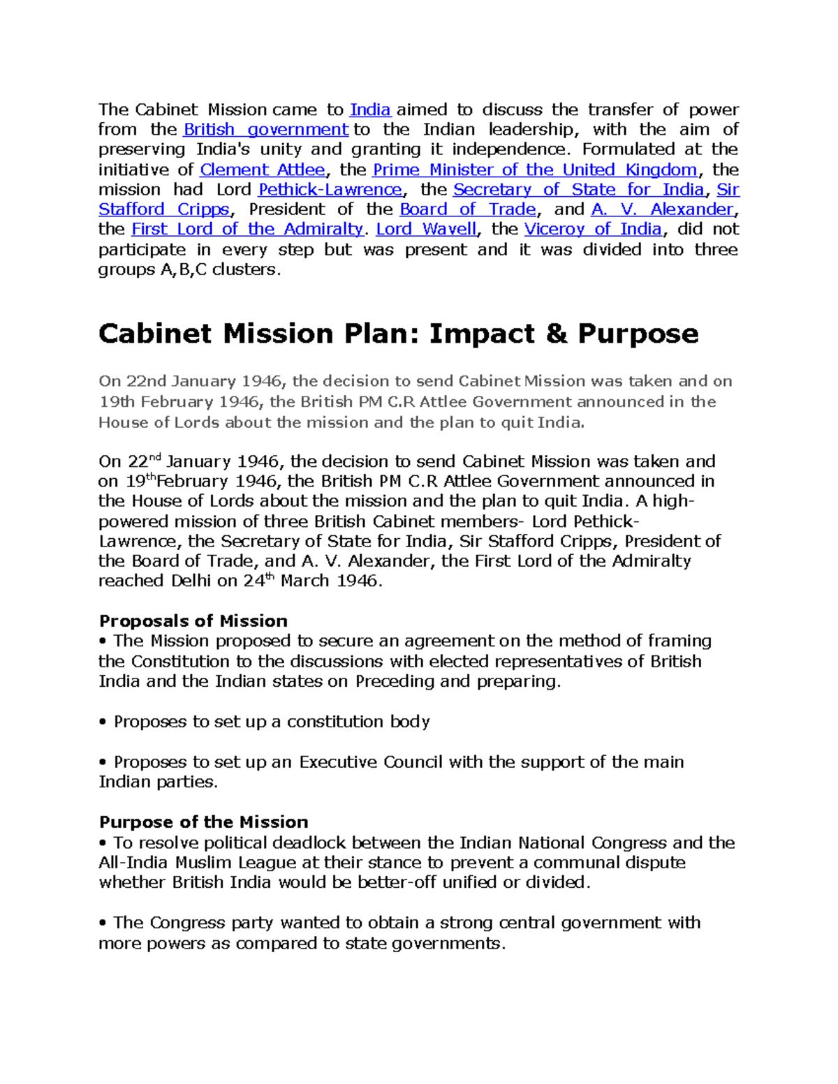 write an essay on cabinet mission proposal