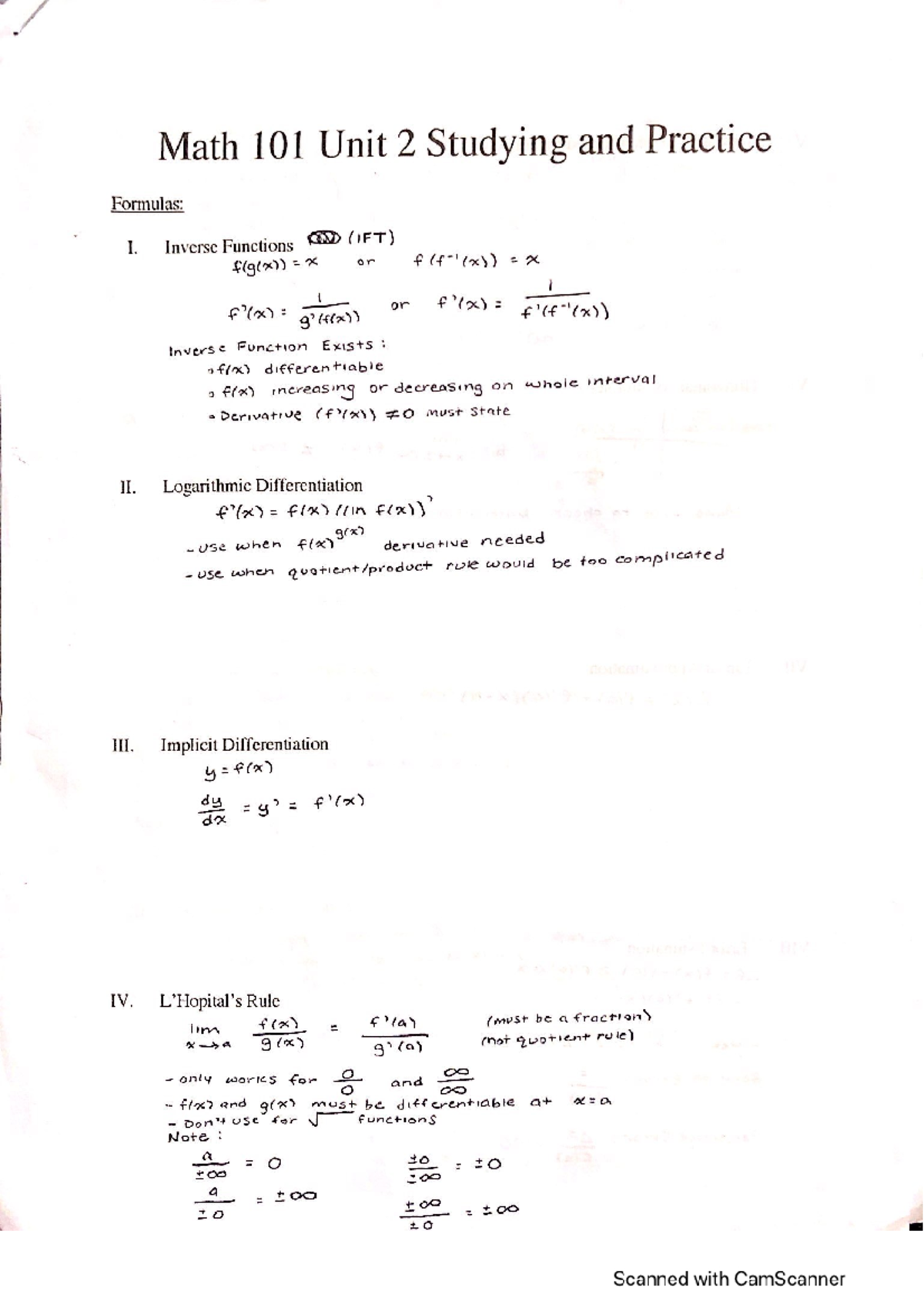 Unit 2 Study Guide - Math 101 Unit 2 Studyng and Practice Fonnulas: 1 ...