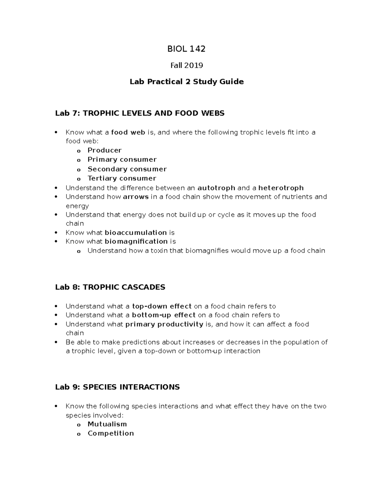 Practical 2 Study Guide - BIOL 142 Fall 2019 Lab Practical 2 Study ...