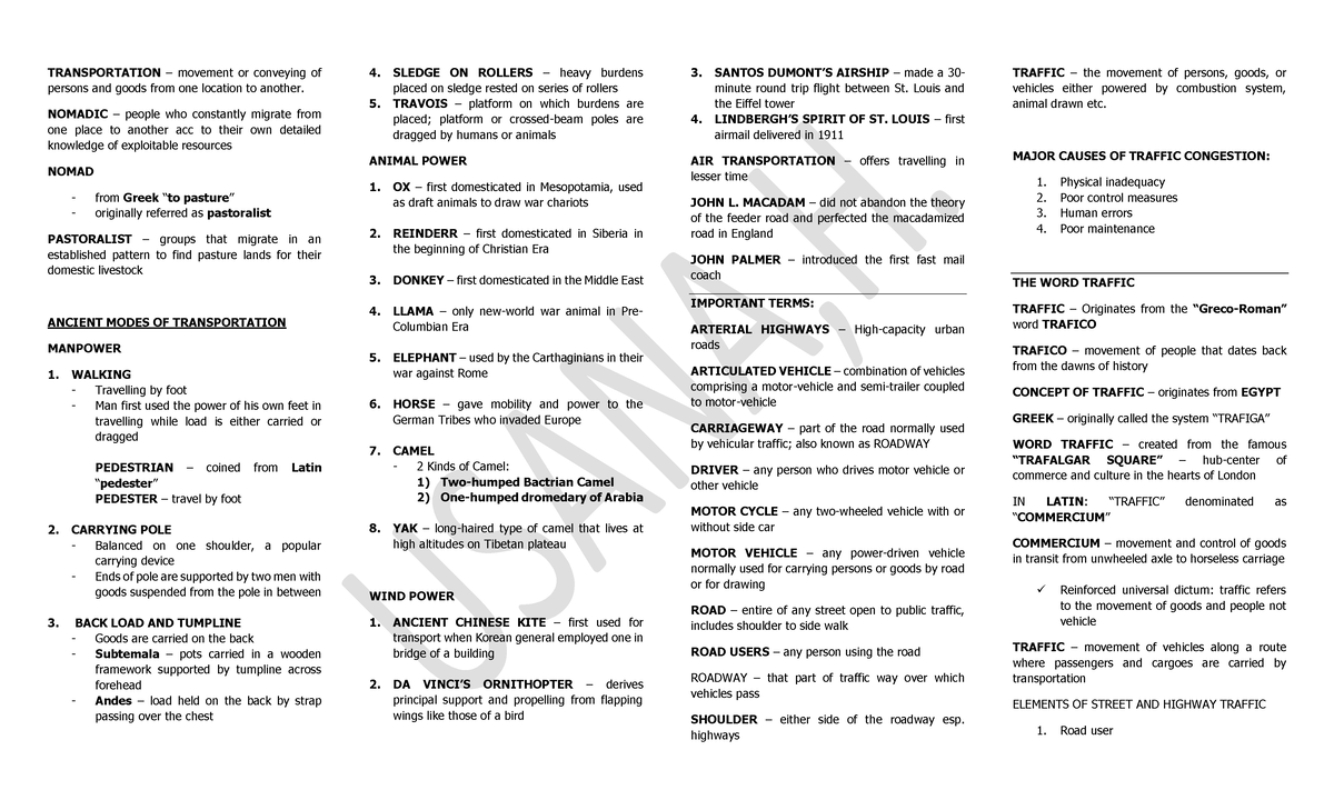 TRAFFIC MANAGEMENT LECTURE NOTES - TRANSPORTATION – movement or ...