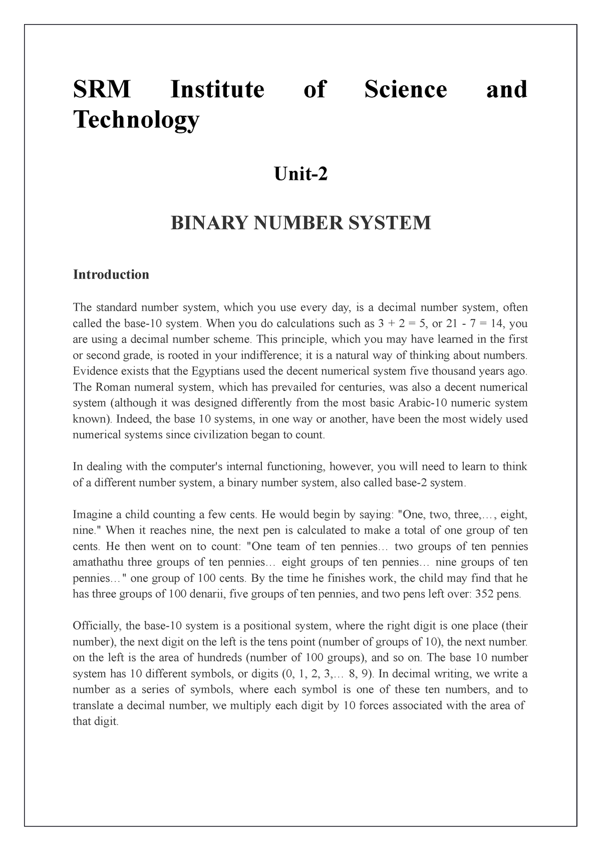 Binary Number System Shreen K SRM Institute Of Science And 