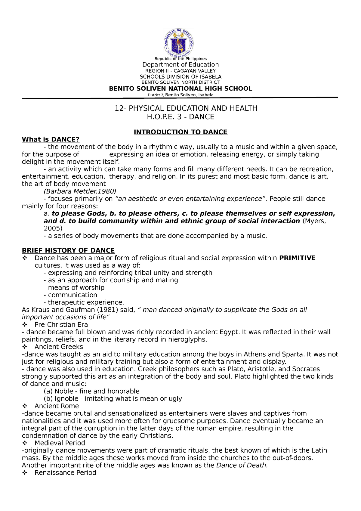 HOPE 3 - Handout - Reference For Dance Introduction And Its Elements ...