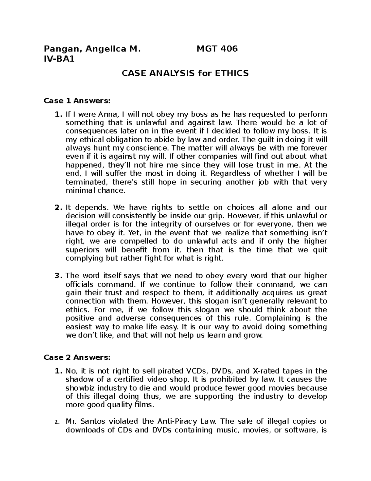 Pangan, Angelica M. - CASE Analysis for Ethics - Pangan, Angelica M ...