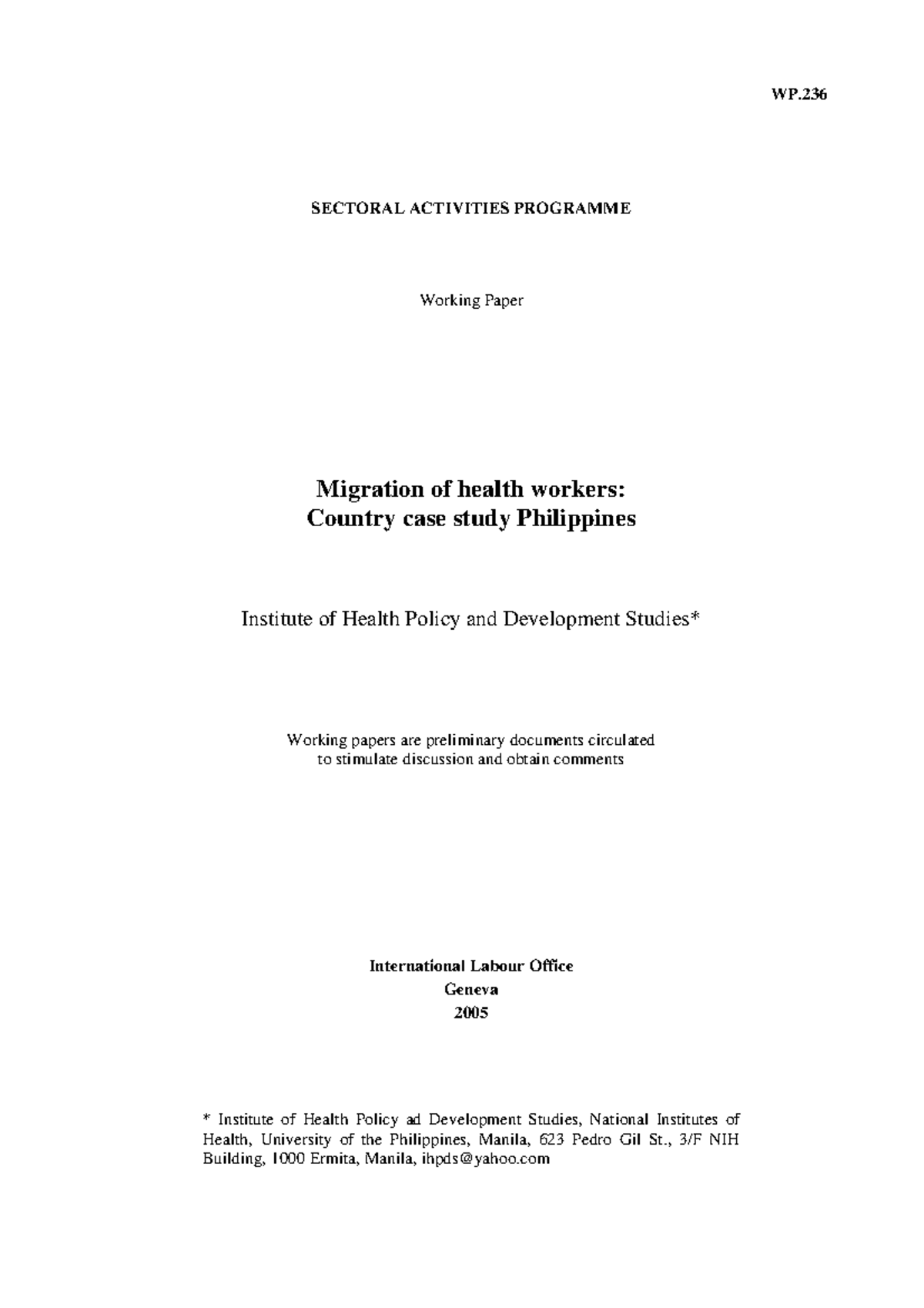 Shortage of Medical Worker - WP. SECTORAL ACTIVITIES PROGRAMME Working ...