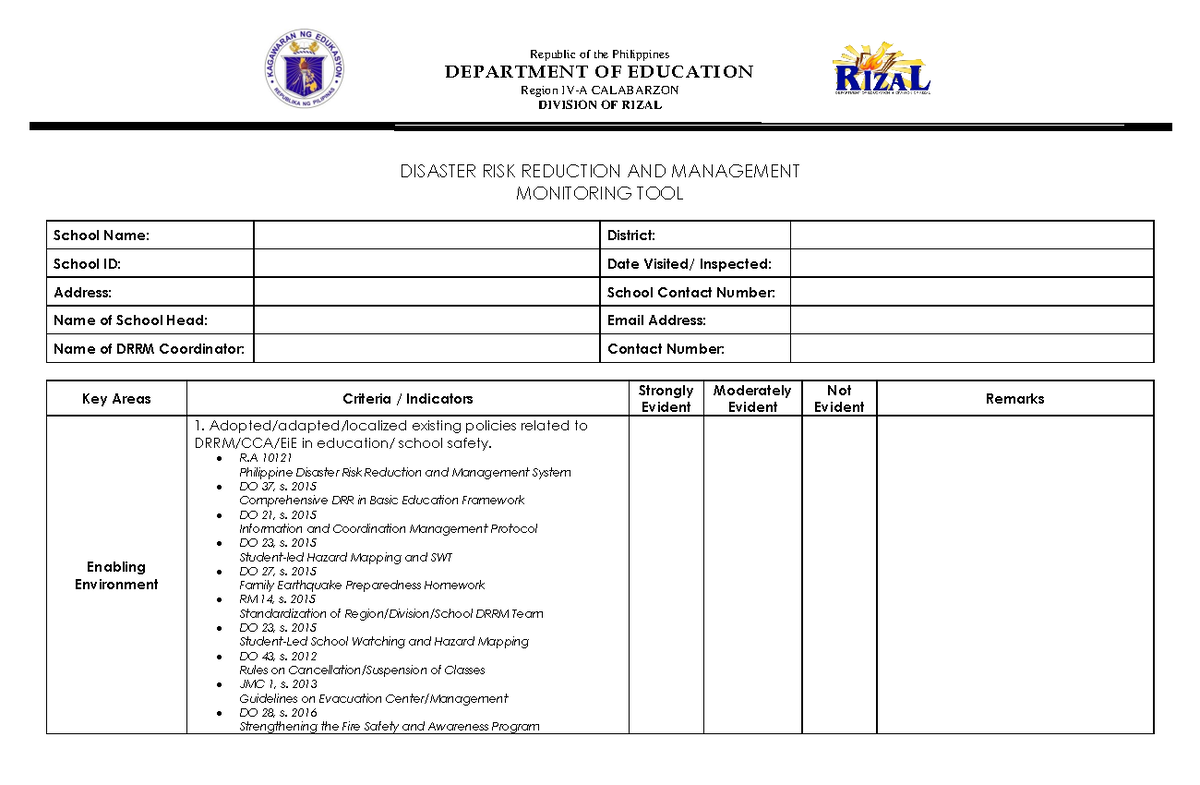 Comprehensive Schools Safety Monitoring Checklist - DEPARTMENT OF EDU ...