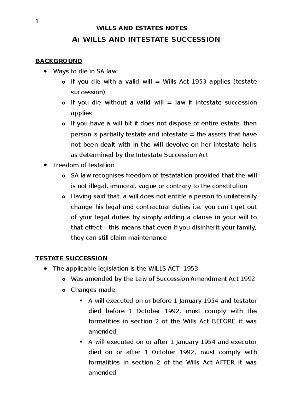 Wills And Estates Summary Notes - 1 WILLS AND ESTATES NOTES A: WILLS ...