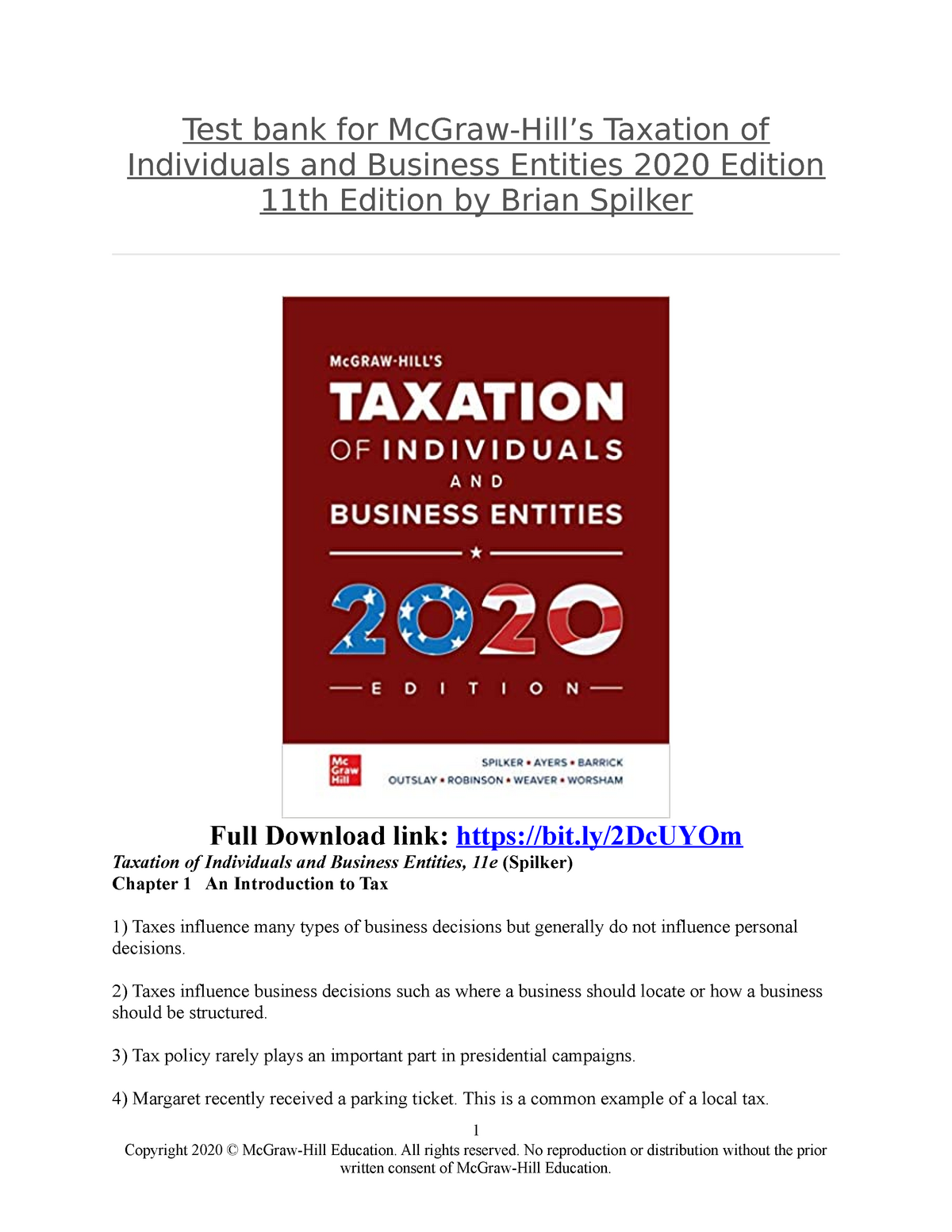 Mc GrawHill’s Taxation of Individuals and Business Entities 2020