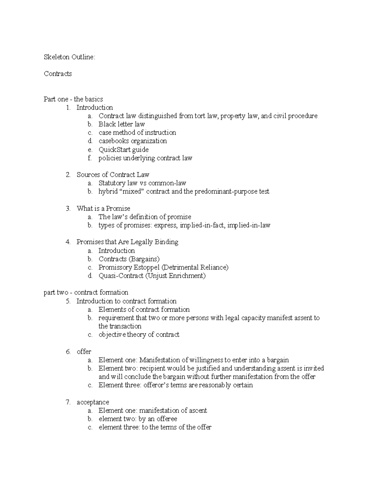 Skeleton outline of course by subject - Skeleton Outline: Contracts ...