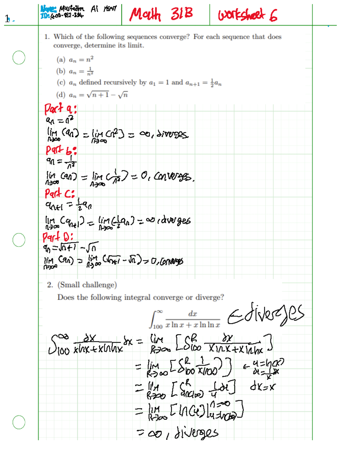 Math 31B - Worksheet 6 - Professor Andrews - MATH 31B - ϭ - Studocu