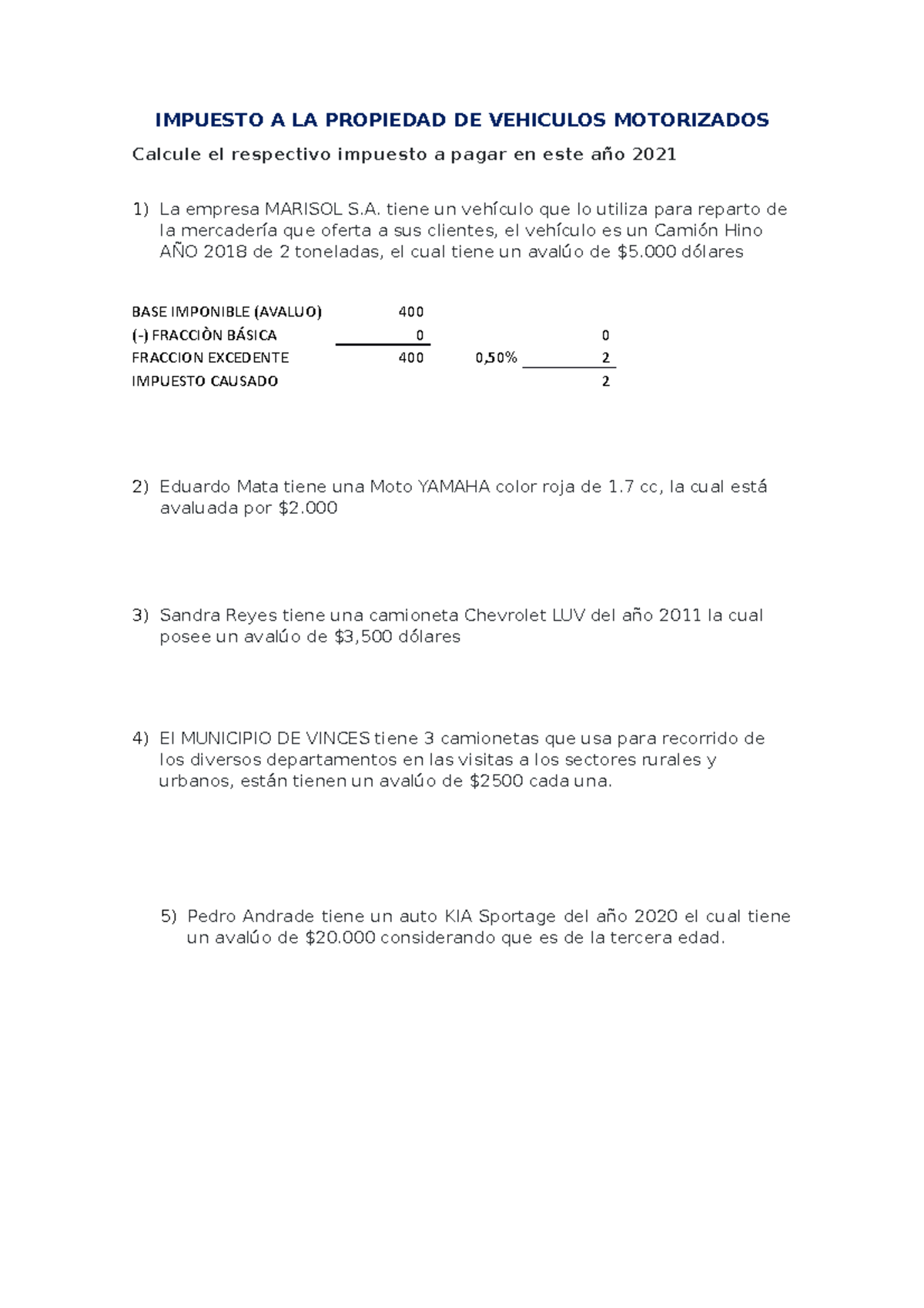 Ejercicios Prácticos Unidad 3 IVM - IMPUESTO A LA PROPIEDAD DE ...