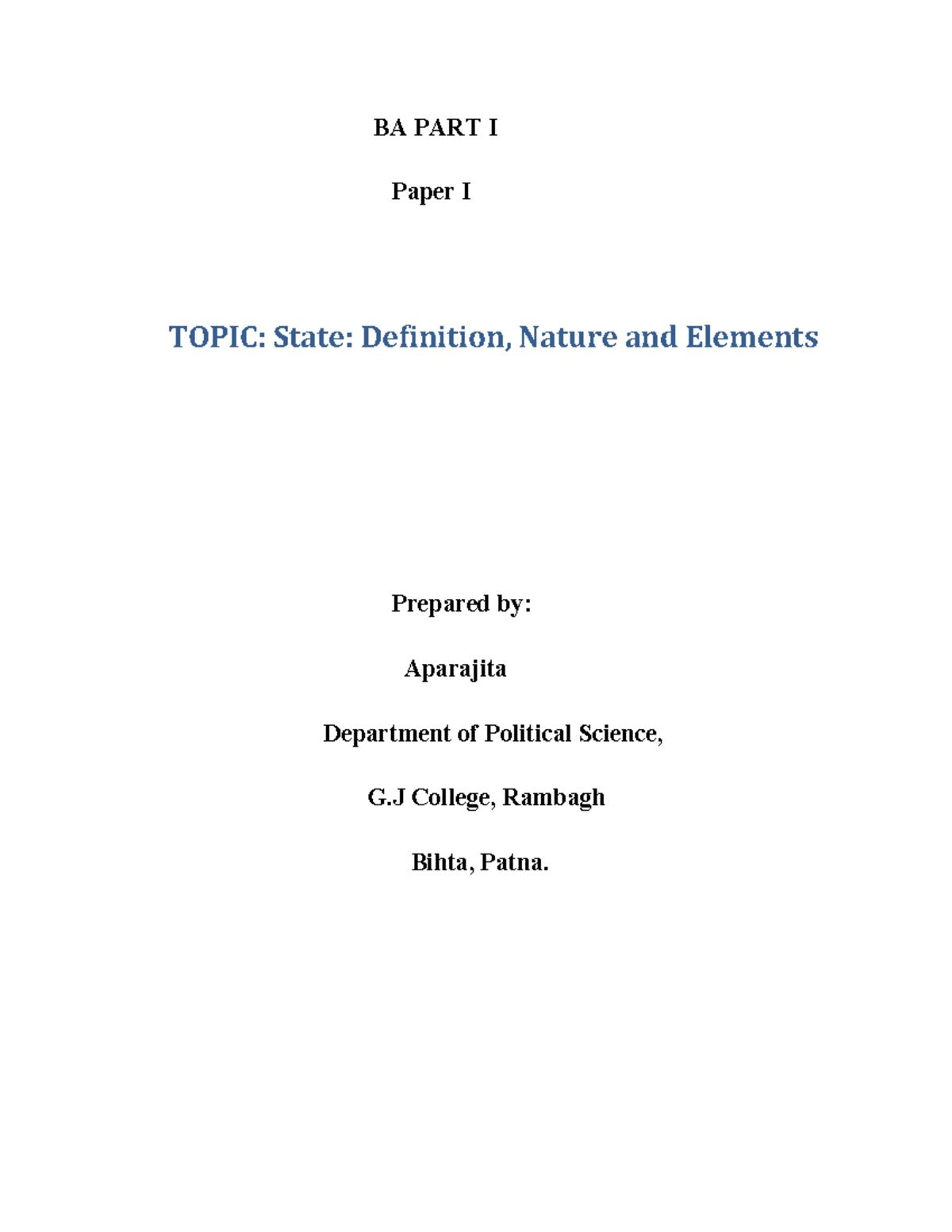 State important notes BA PART I Paper I TOPIC State Definition