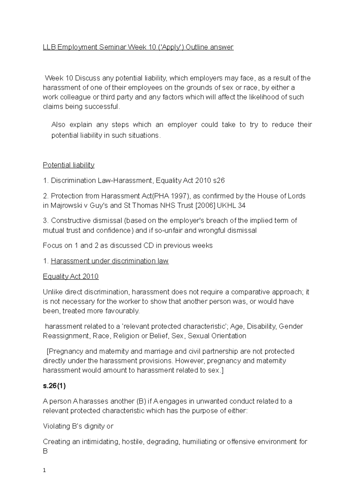 LLB Employment Seminar Week 10 Harassment Essay-outline answer - LLB ...