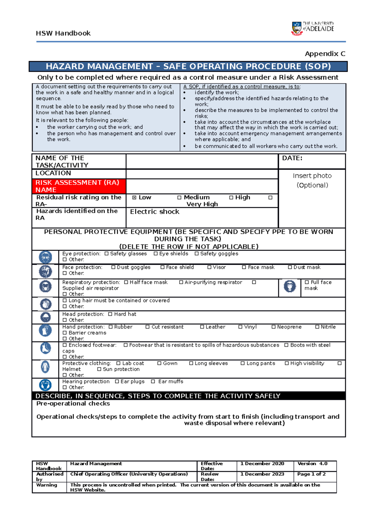 Template app-c-sop 01042021 - HSW Handbook Appendix C HAZARD MANAGEMENT ...