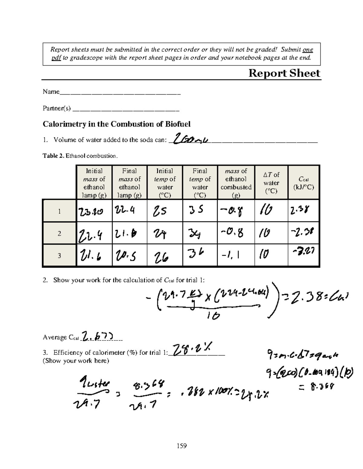 1AL F24 Exp 07 Biofuels Part C Biofuel Calorimetry-Rerport sheet ...