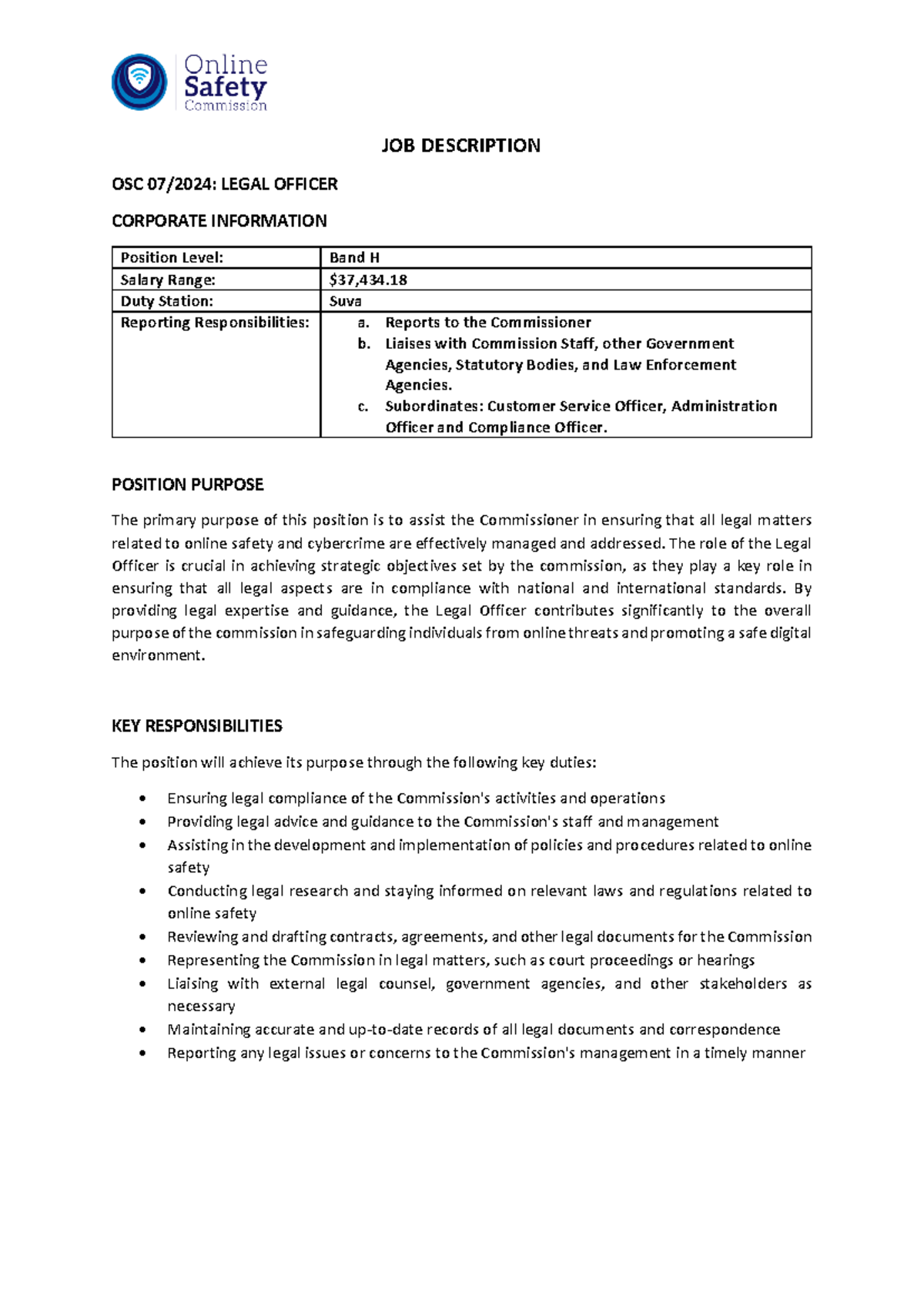 JD-Legal-Officer - notes - JOB DESCRIPTION OSC 07/2024: LEGAL OFFICER ...