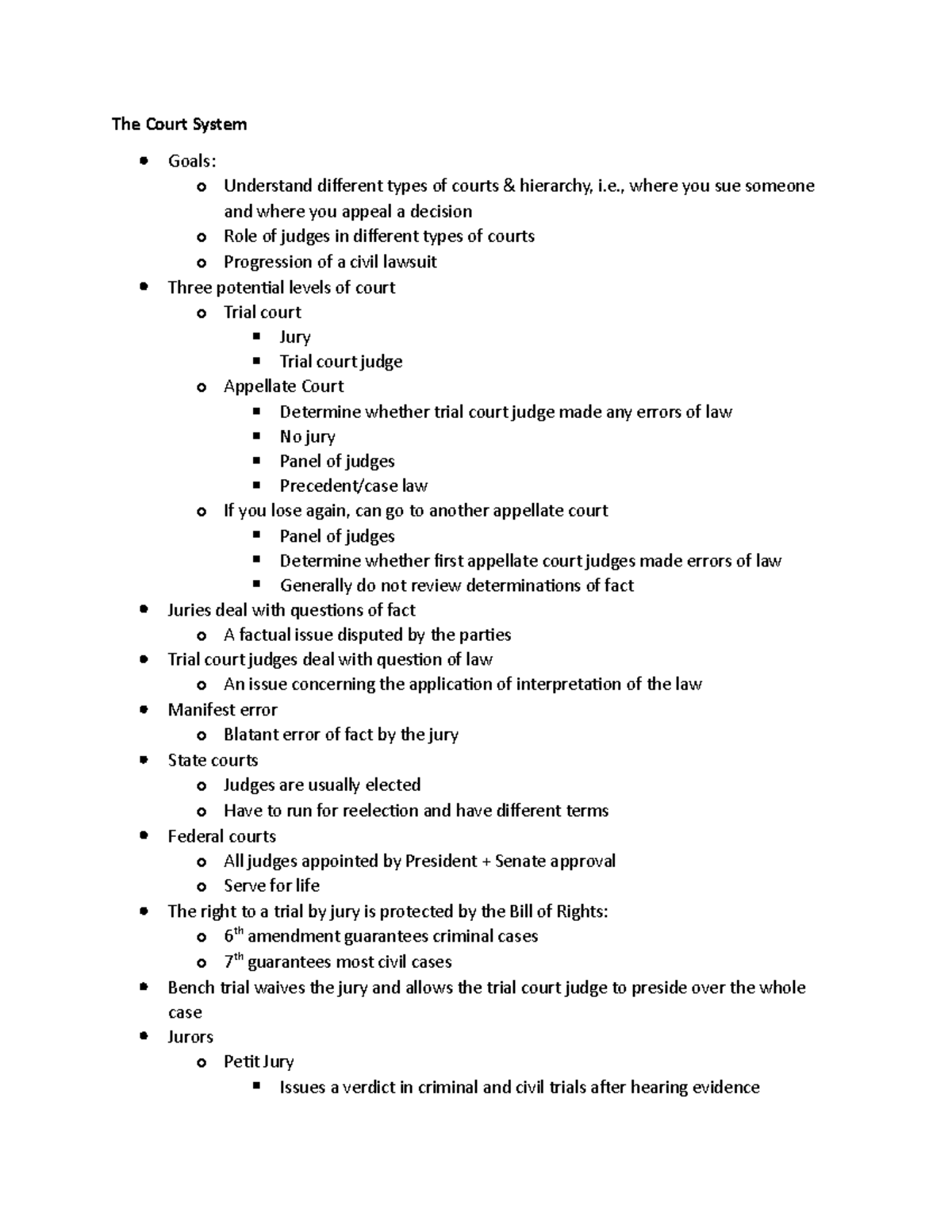 L201 Notes - The Court System Goals: o Understand different types of ...