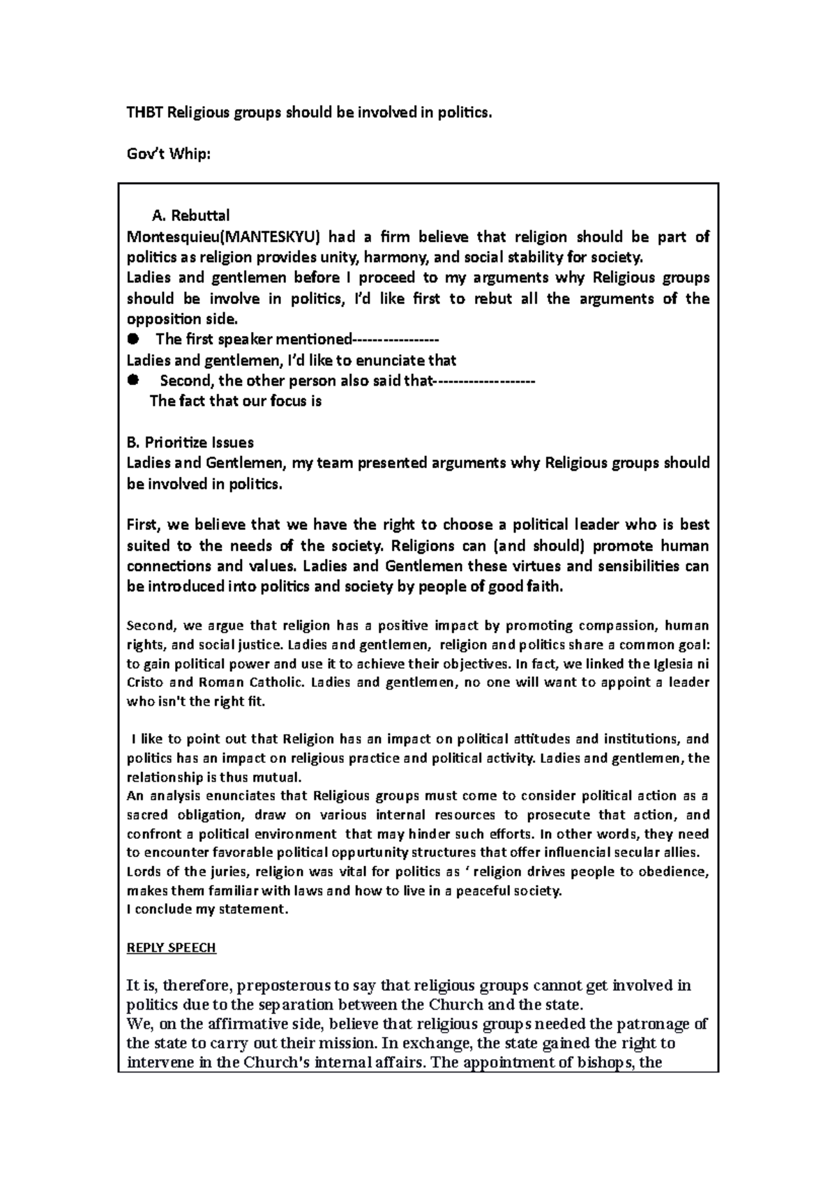 THBT Religious groups should be involved in politi - Bachelor of ...