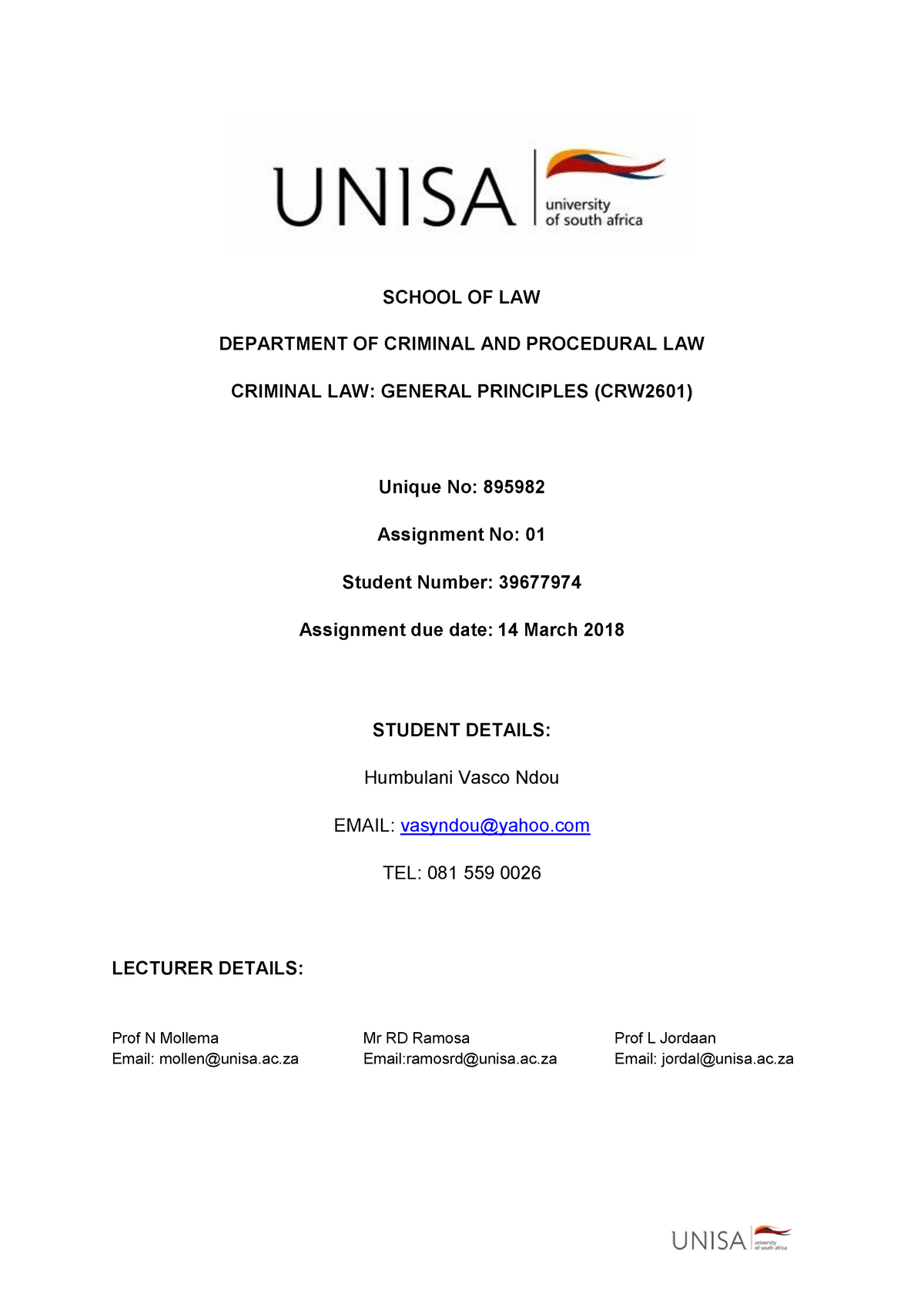 Unisa CRW2601 Assignment 1 - SCHOOL OF LAW DEPARTMENT OF CRIMINAL AND ...