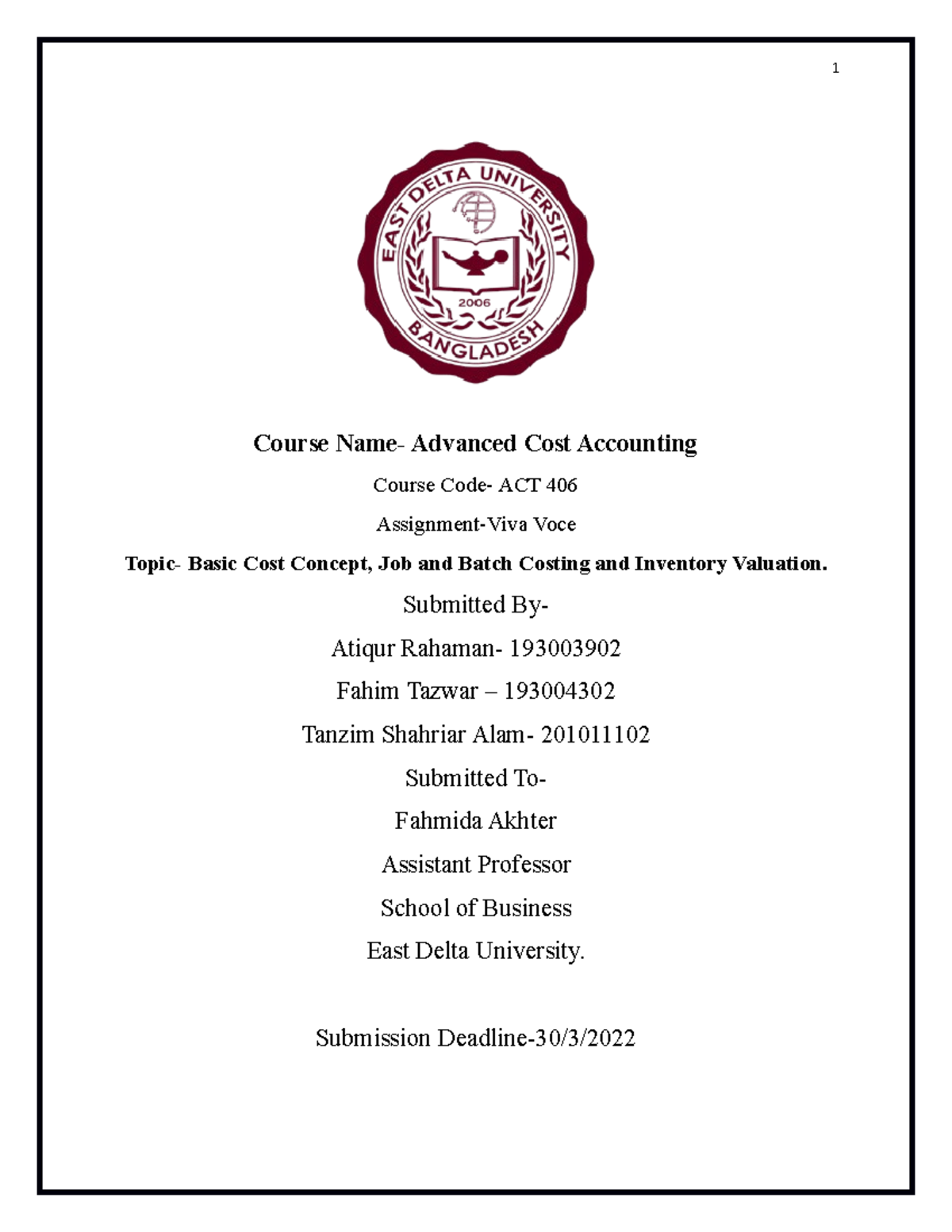 Group A - Assignment - Course Name- Advanced Cost Accounting Course ...