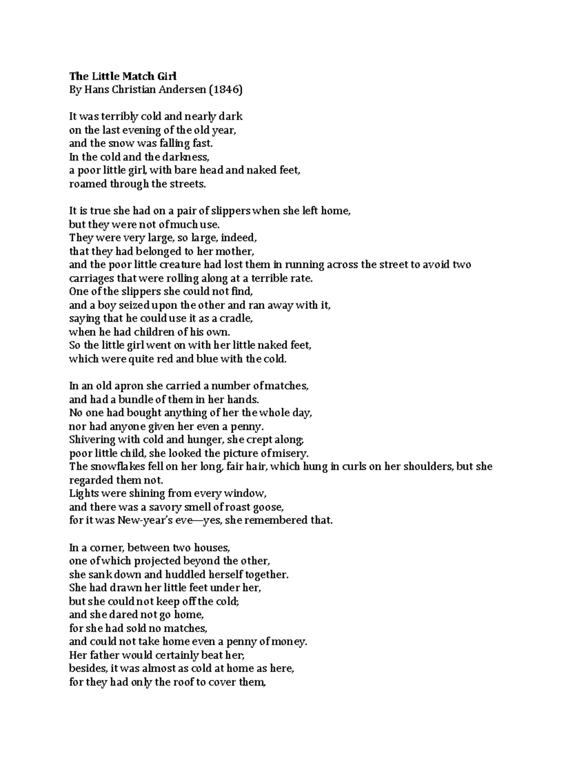 Little Match GirlText The Little Match Girl By Hans Christian