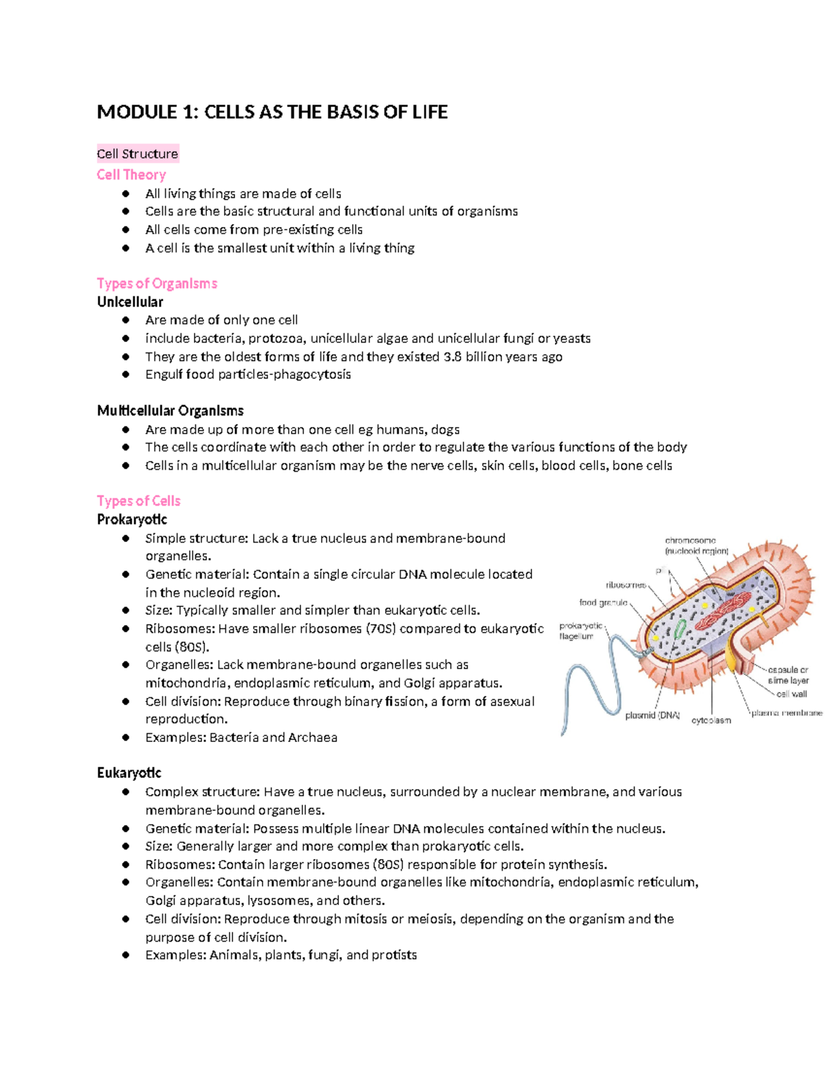 Prelim - Biology notes based on syllabus - MODULE 1: CELLS AS THE BASIS ...